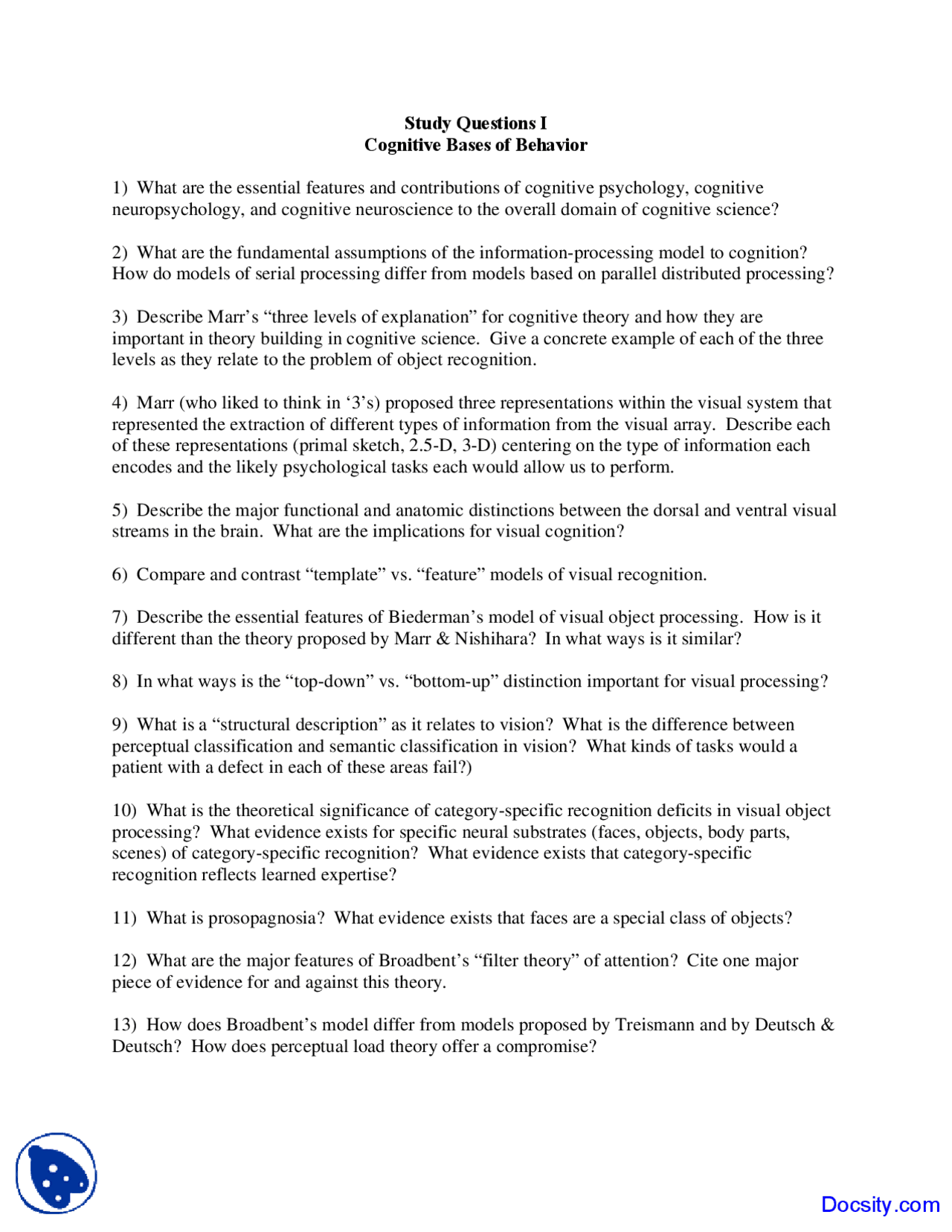 Cognitive Psychology - Cognitive Bases of Behavior - Questions - Docsity