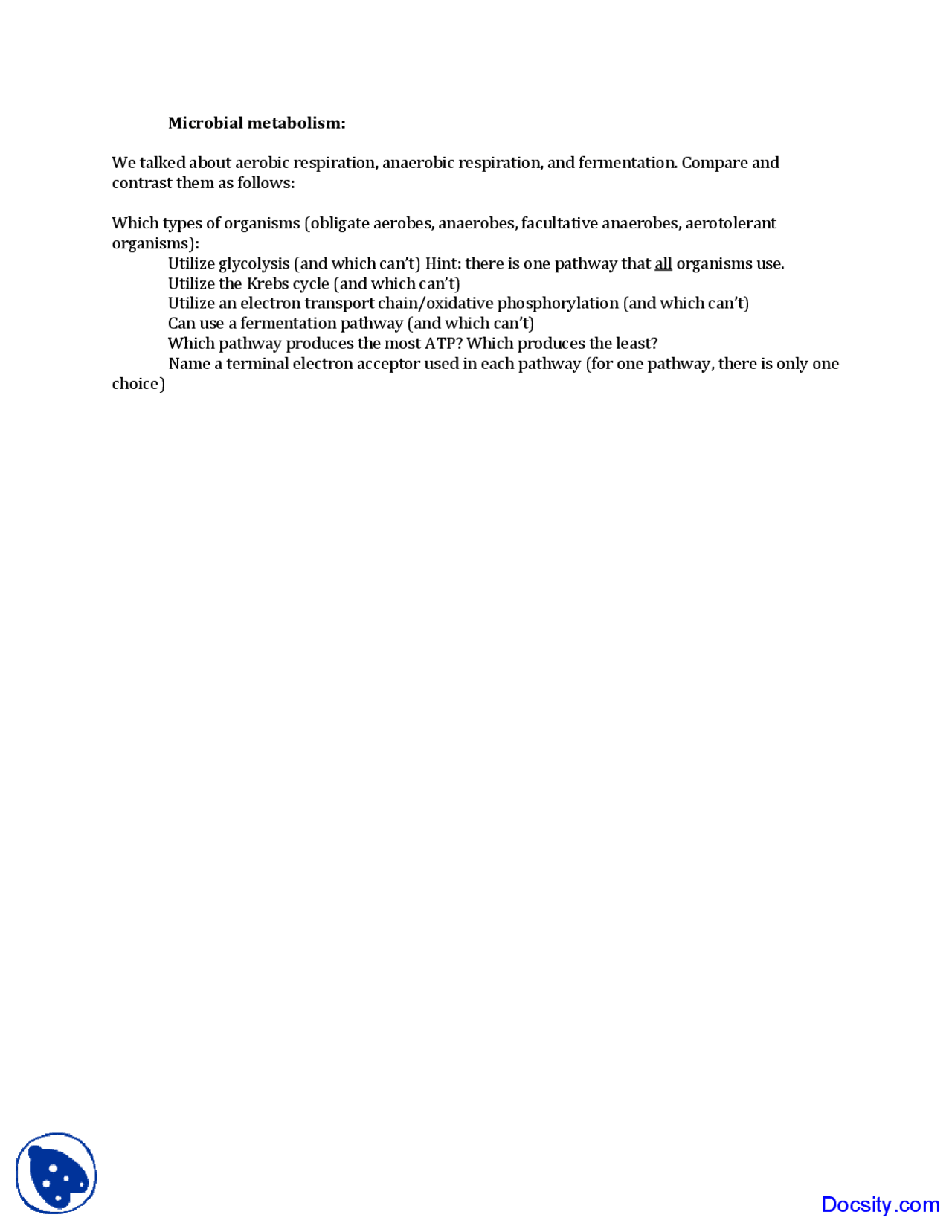 Microbial Metabolism Principles of Microbiology Quiz Exercises