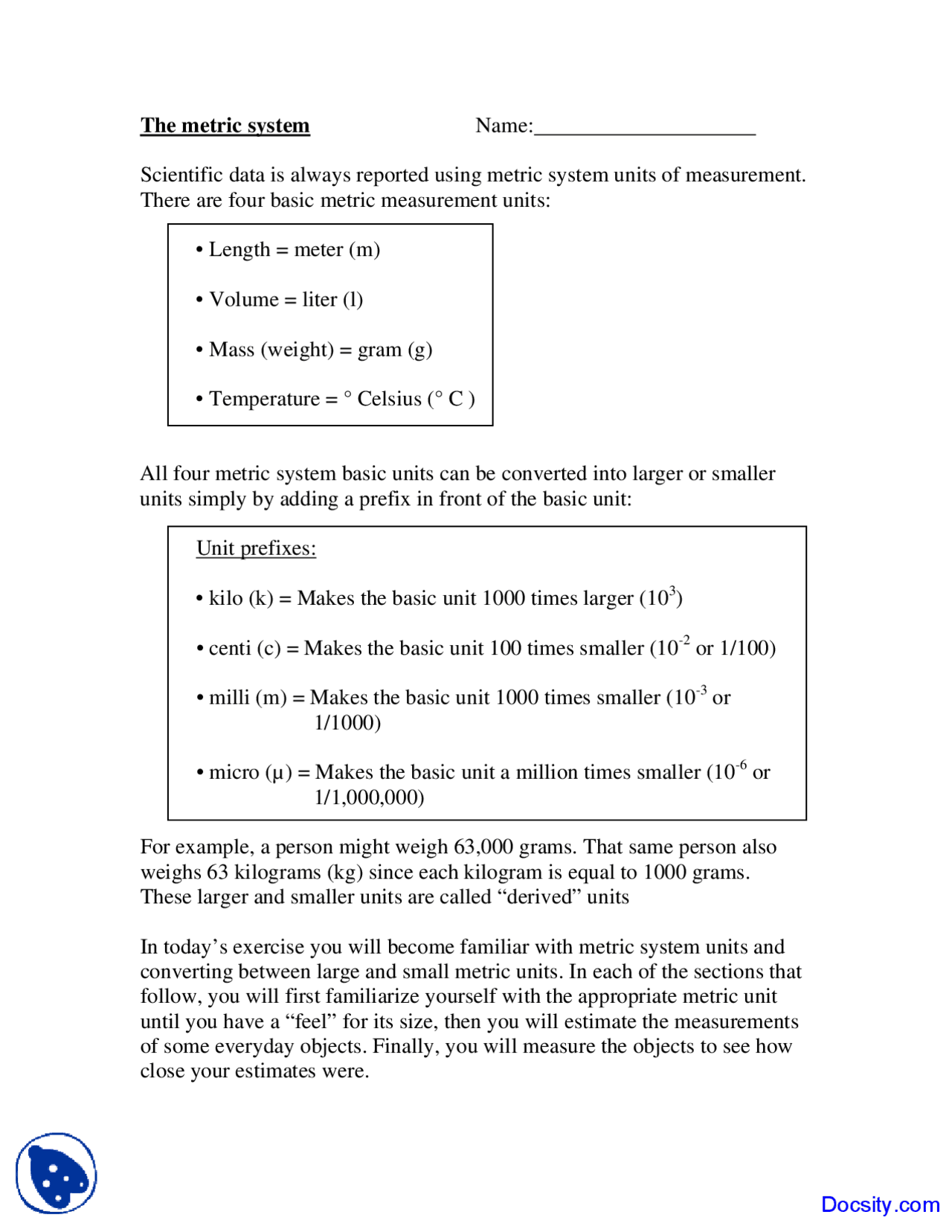 Metric System - Fundamental Biological Concepts - Lab Manuals | Study ...