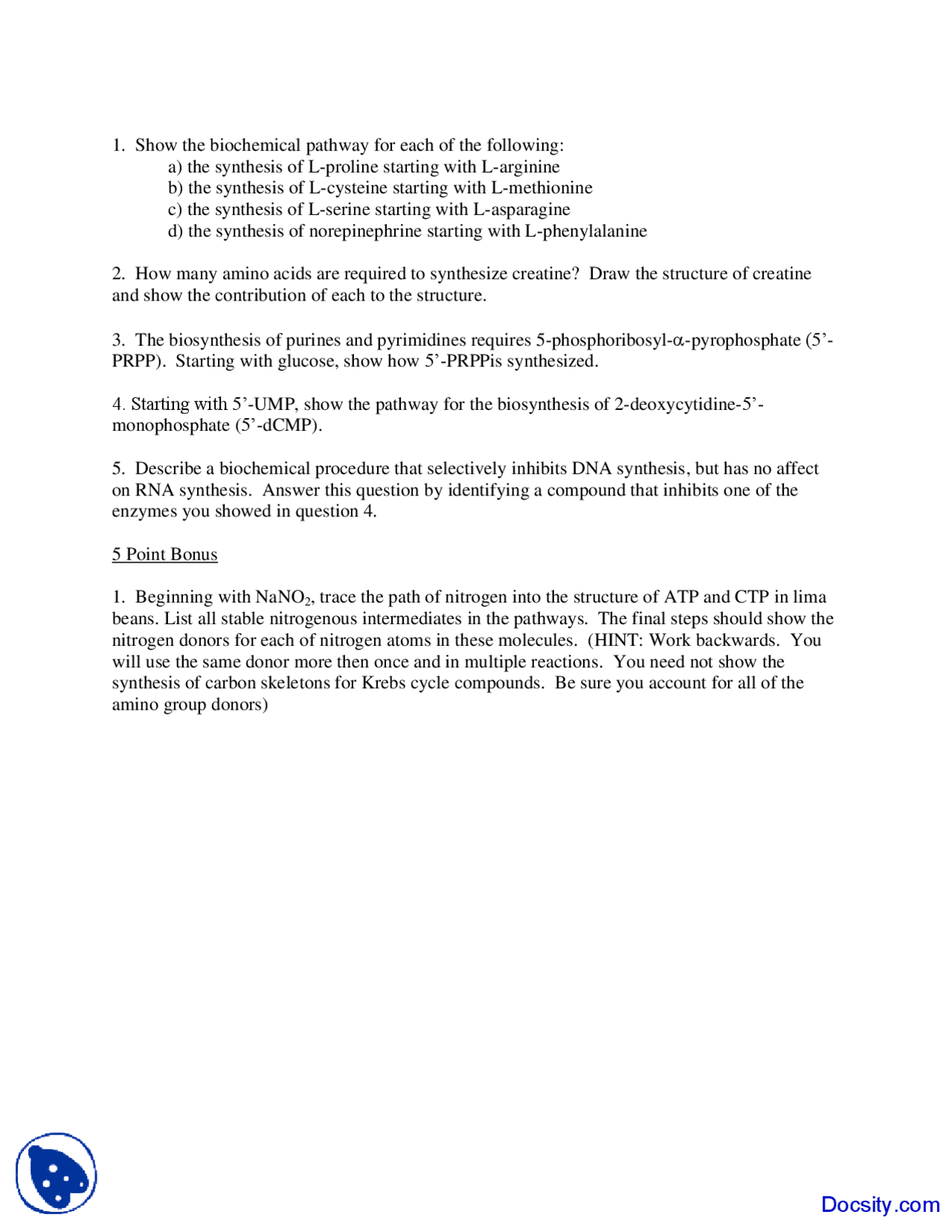 How many Amino Acids are Required to Synthesize Creatine Biochemistry Quiz Docsity
