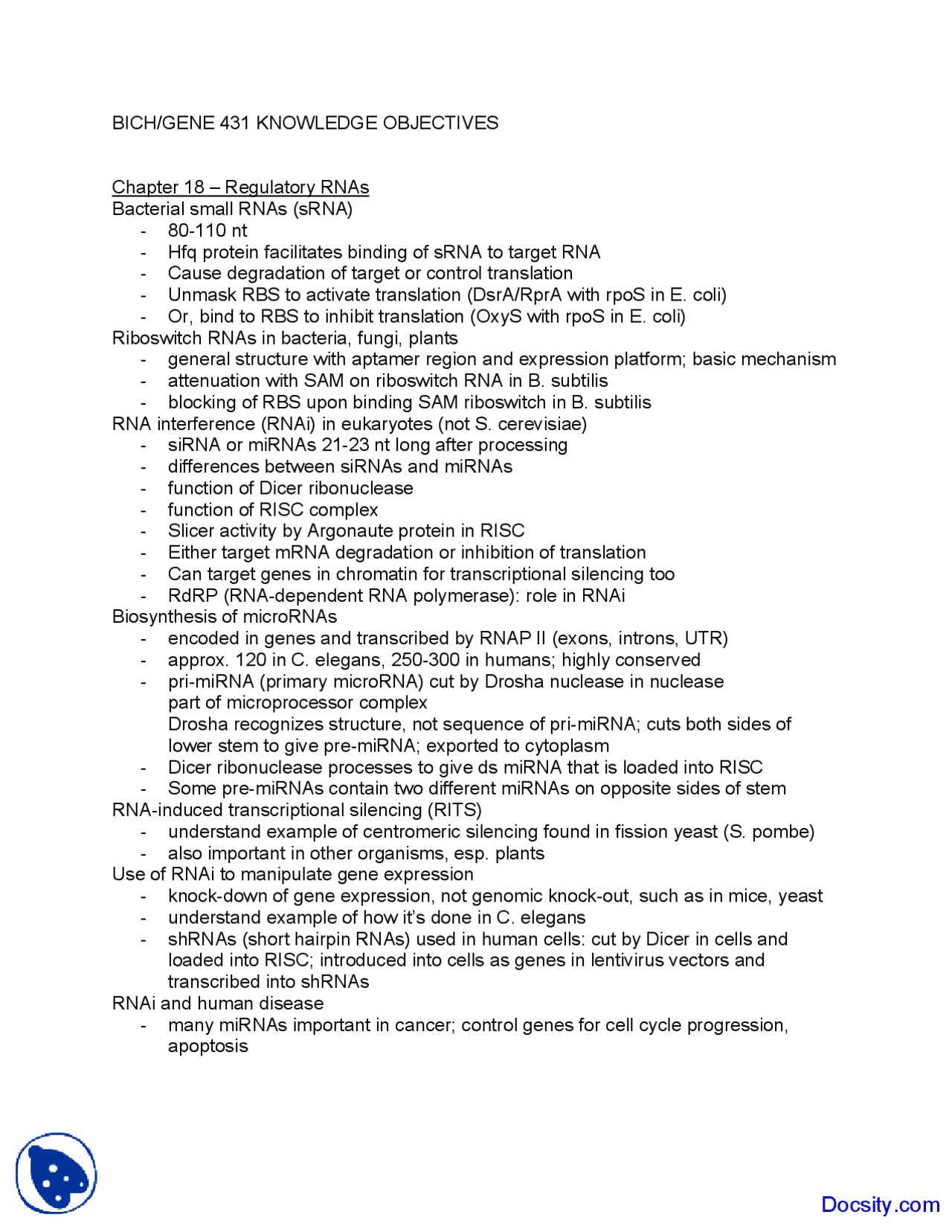 Regulatory RNAs - Biochemistry - Lecture Notes - Docsity