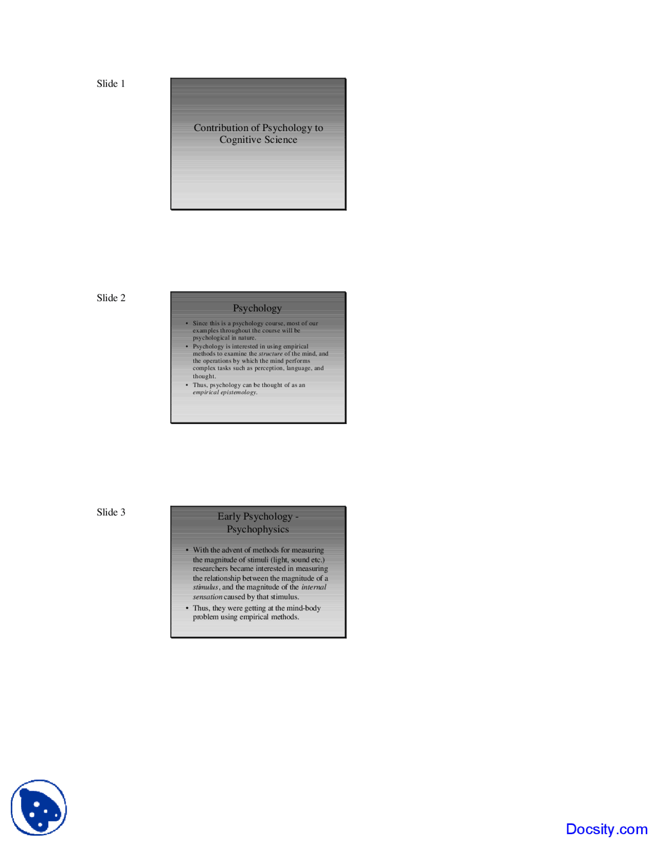 Slides on the Contribution of Philosophy to Cognitive Science - Docsity