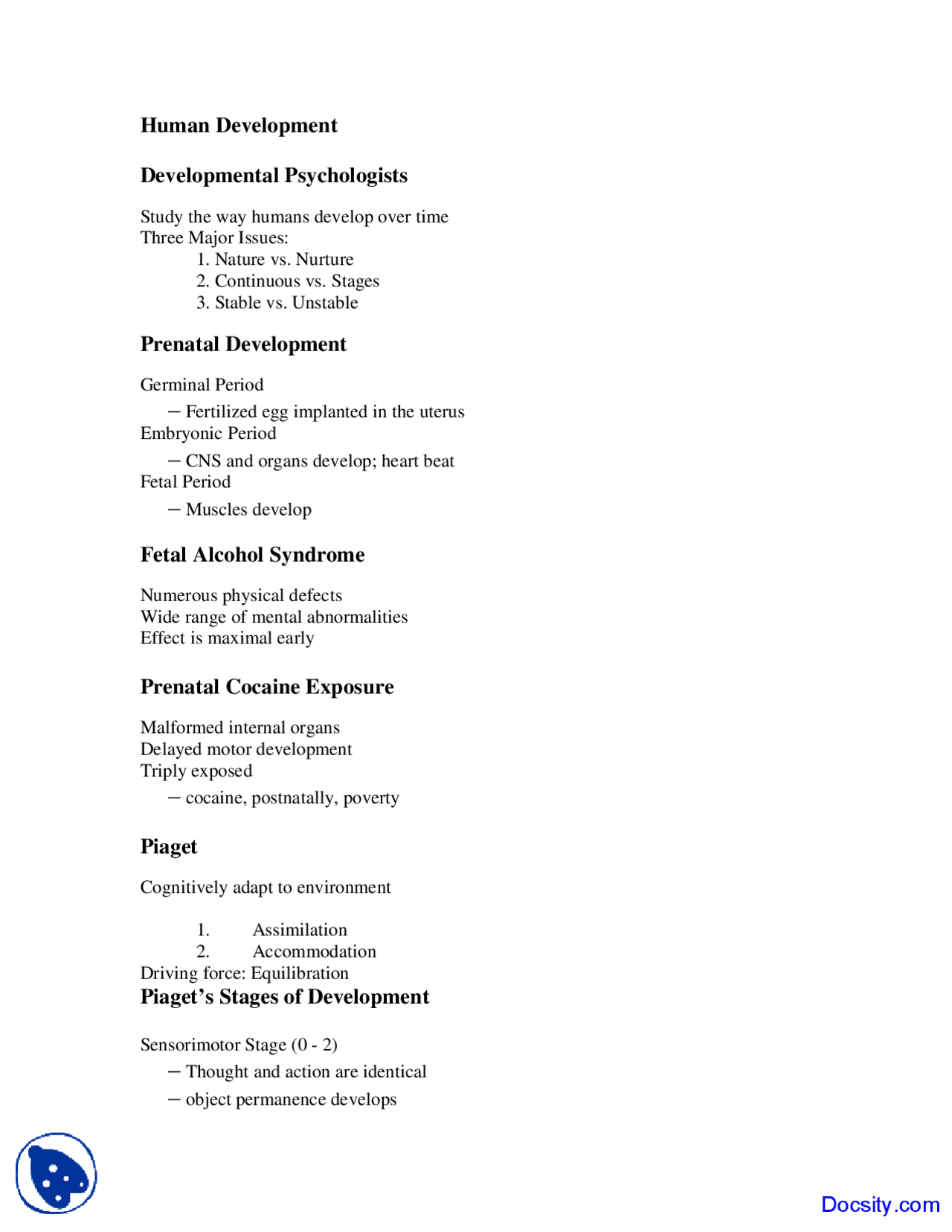 Human Development - Fundamentals of Psychology - Lecture Notes - Docsity