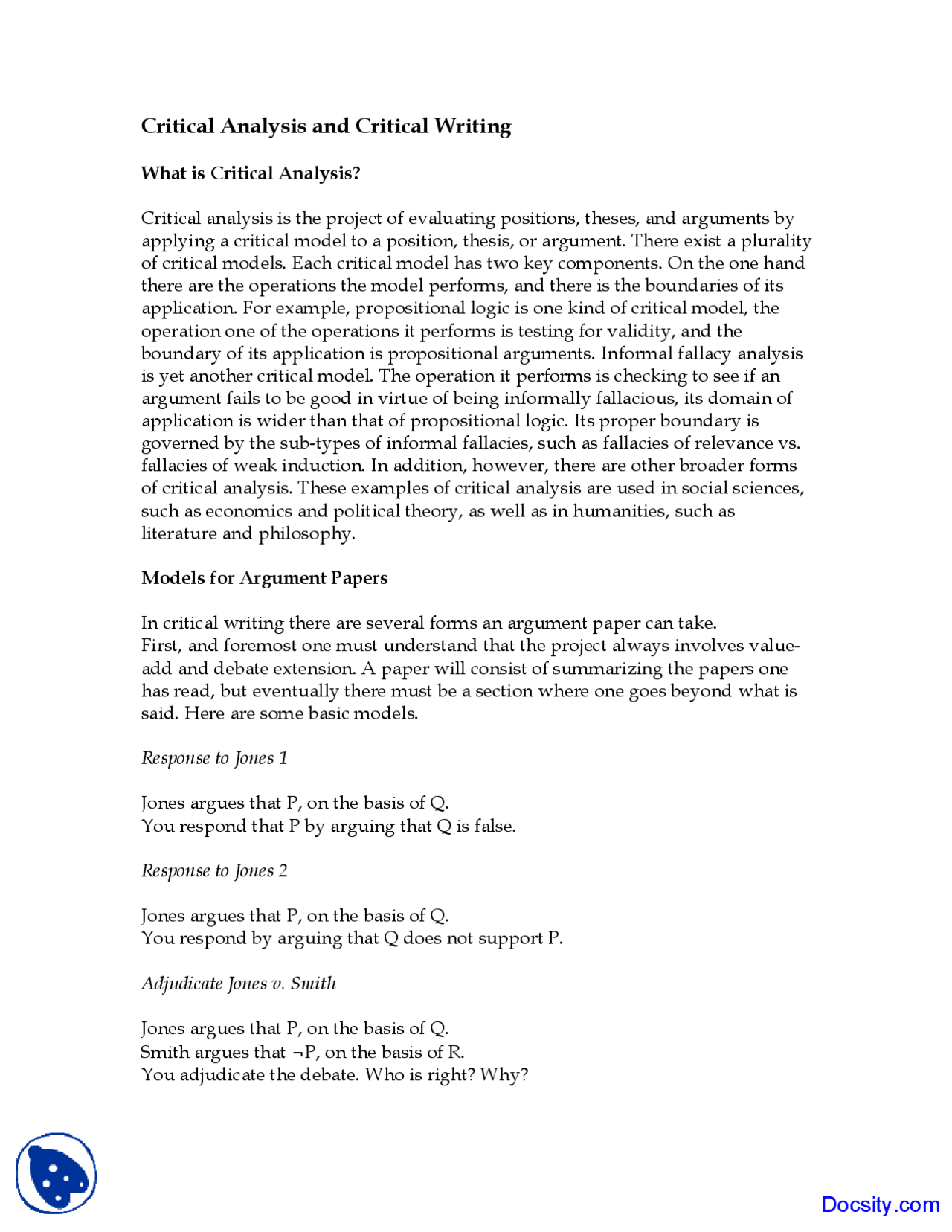 Critical Analysis and Critical Writing - Introduction Logic and ...