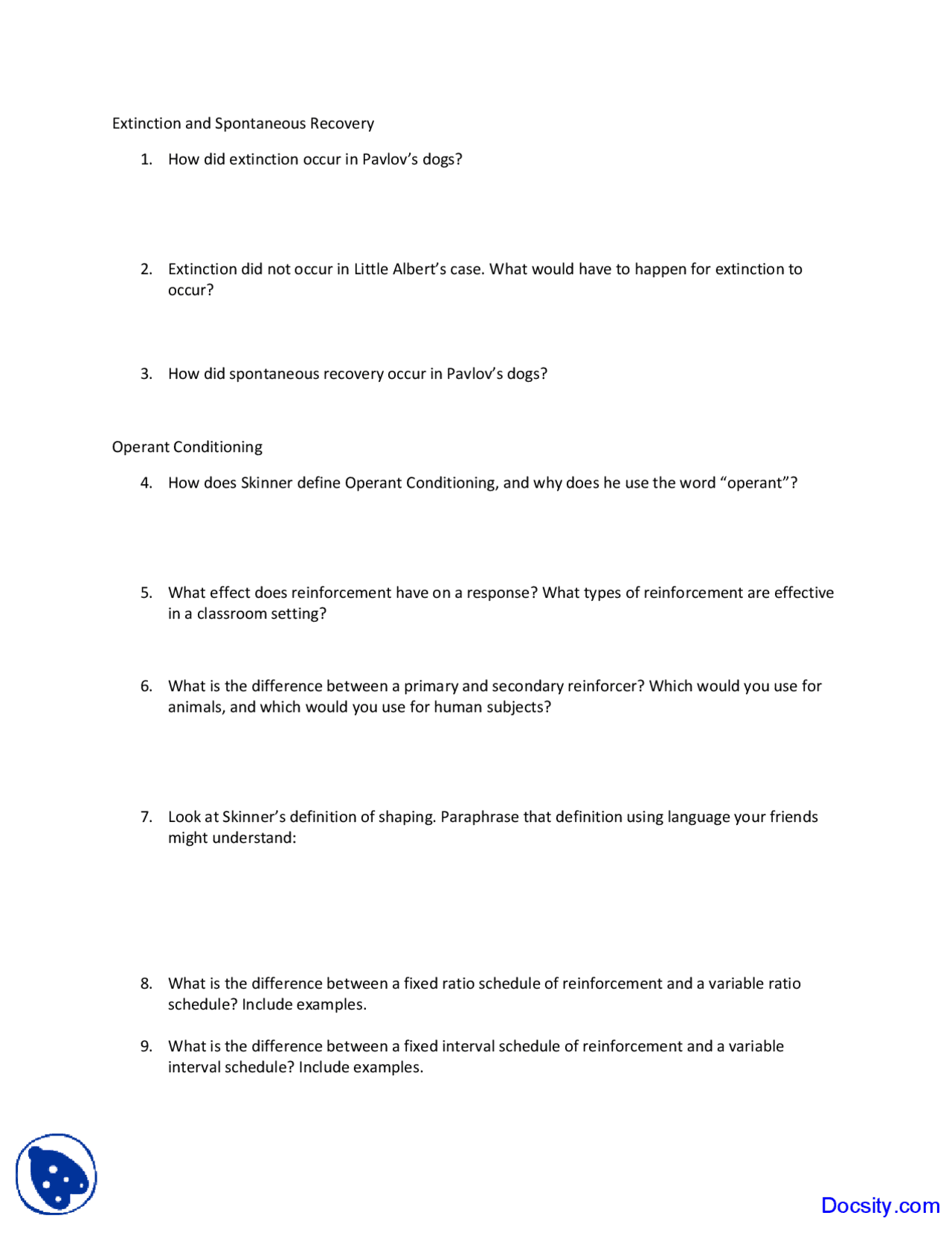 Extinction and Spontaneous Recovery - General Psychology - Quiz - Docsity