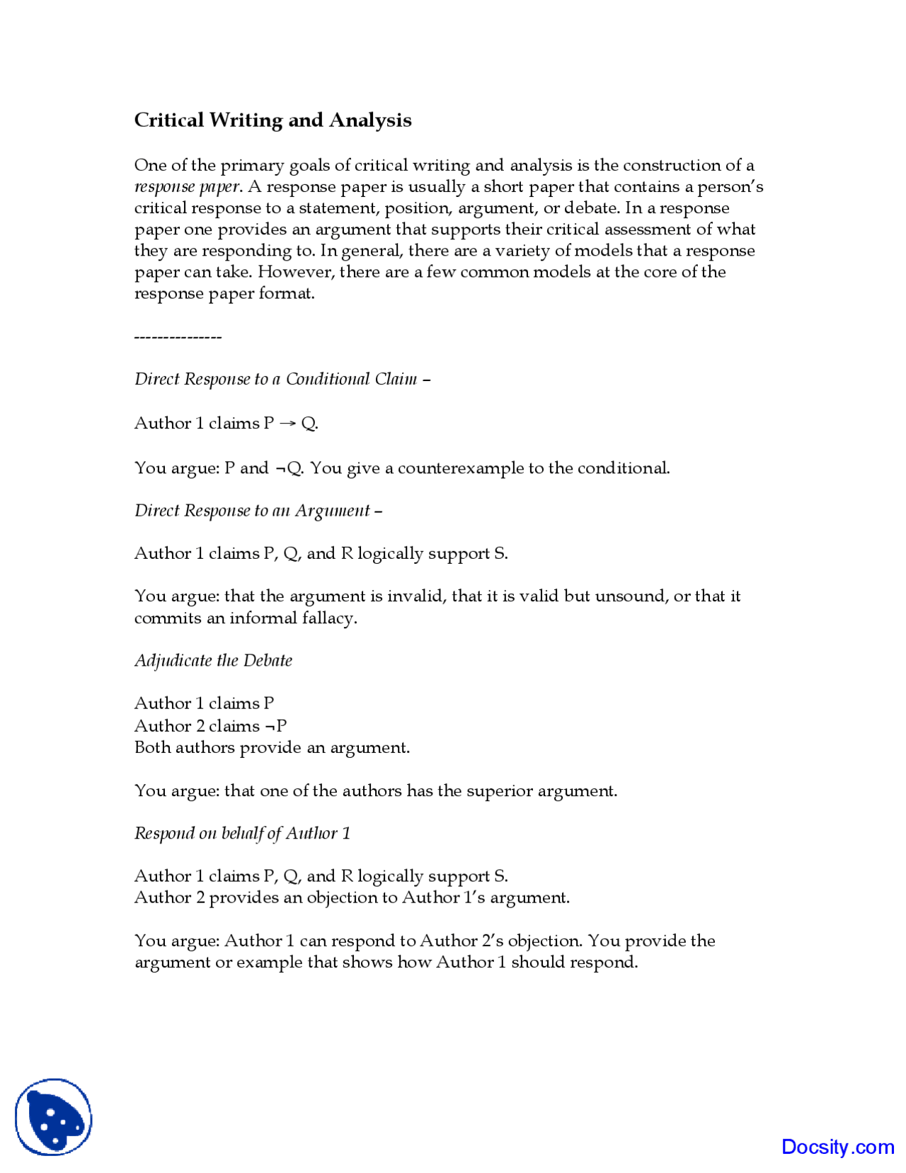 Critical Writing and Analysis - Introduction Logic and Critical ...