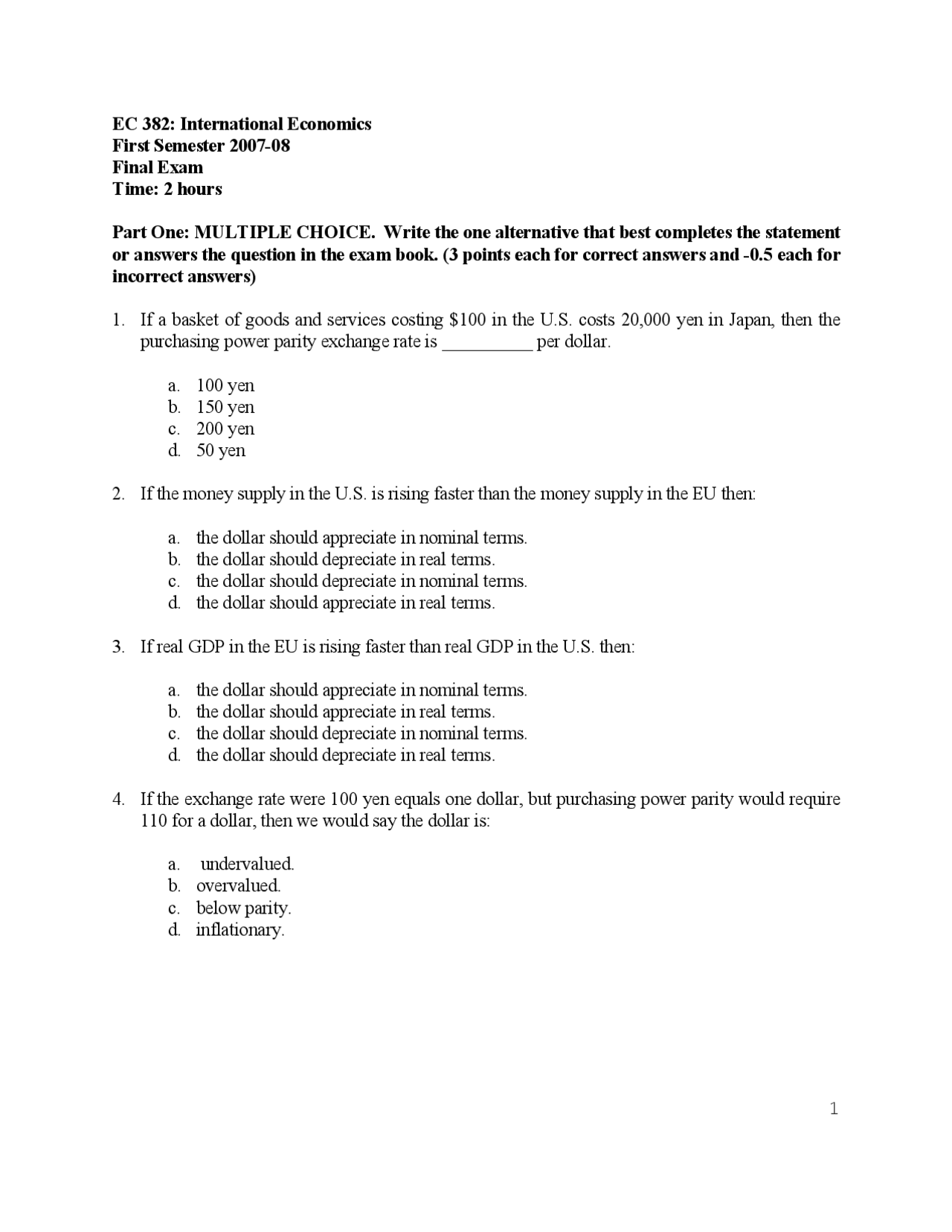Exchange Rate - International Economics - Exam | Exams Economics | Docsity