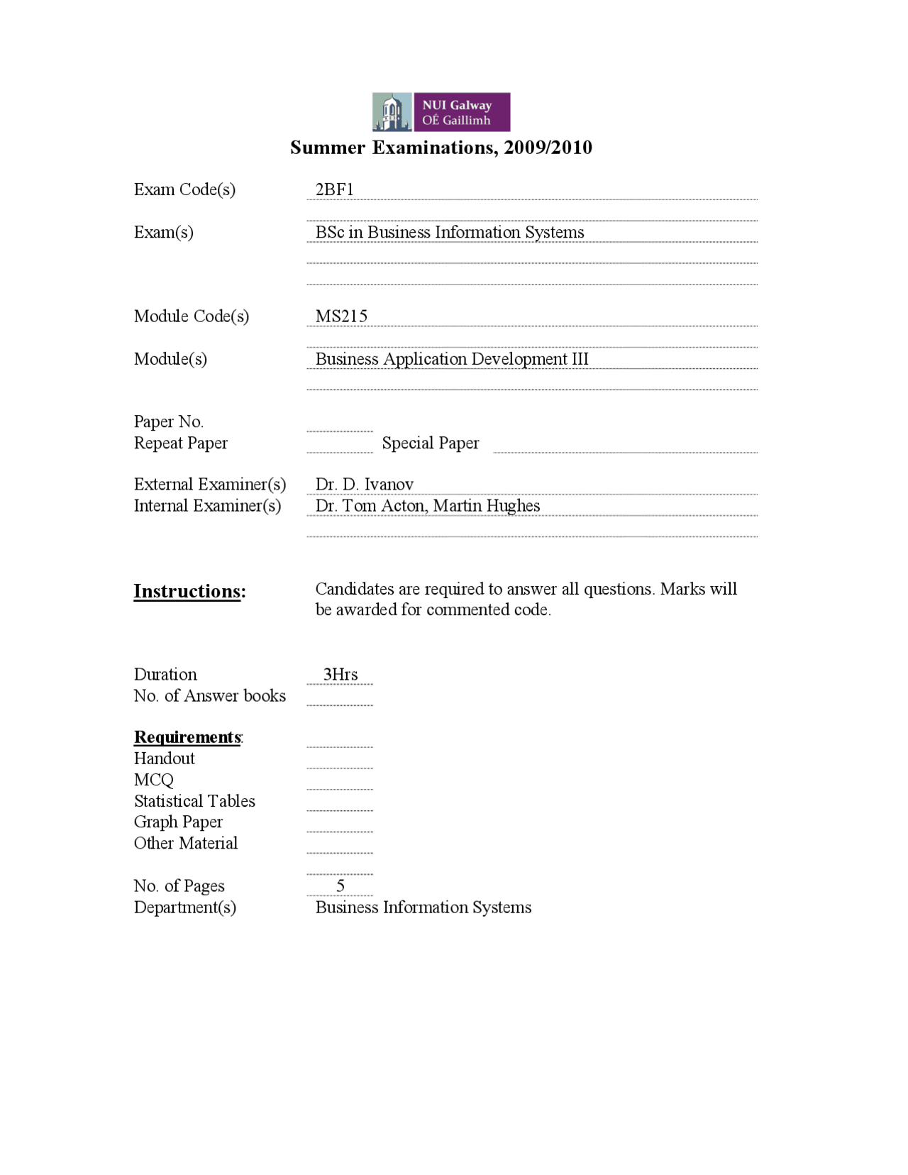 PPS Number - Business Application Development - Exam - Docsity