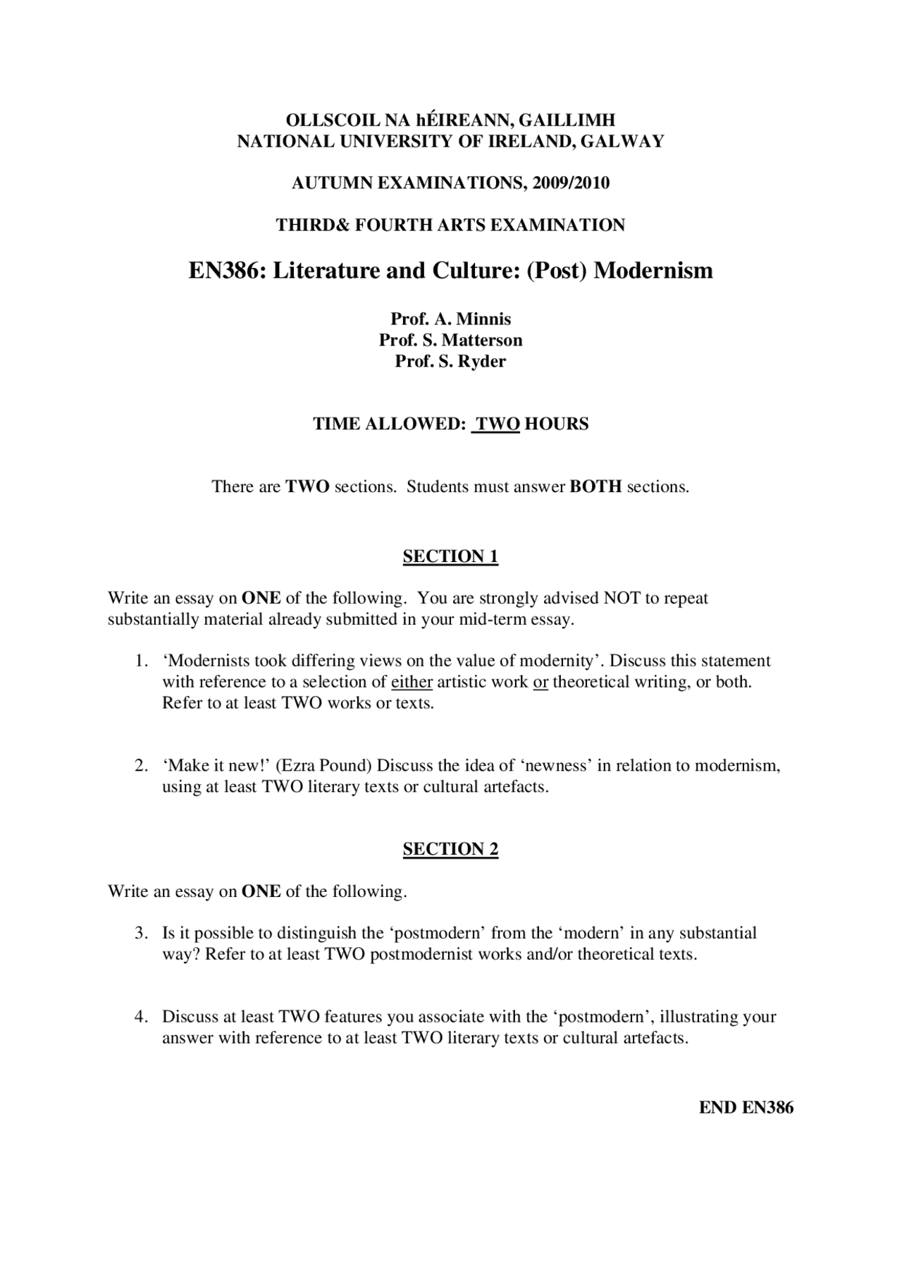 Postmodern - Literature And Culture Post Modernism - Exams - Docsity