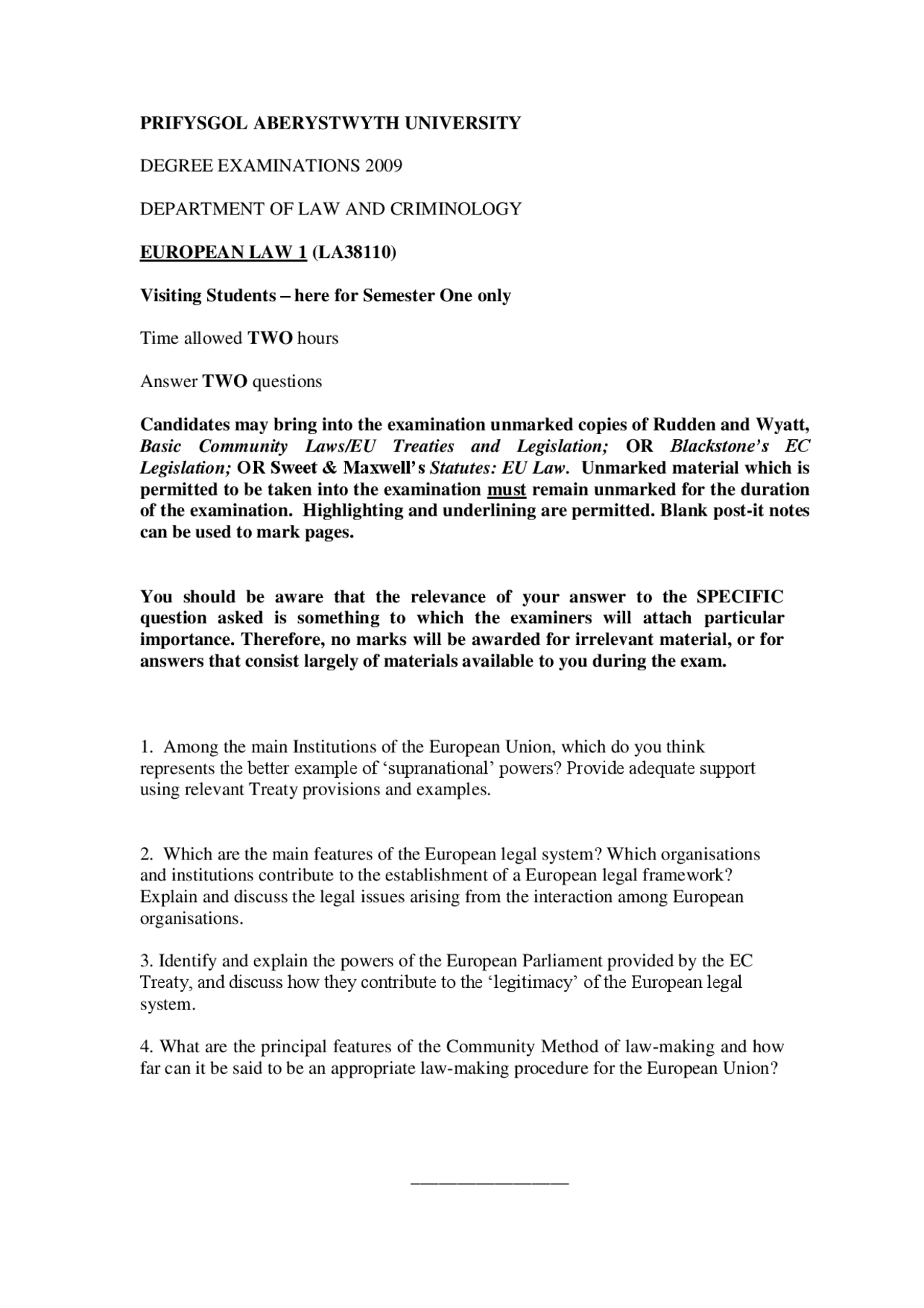 Legal Issues European Law Past Exam Docsity