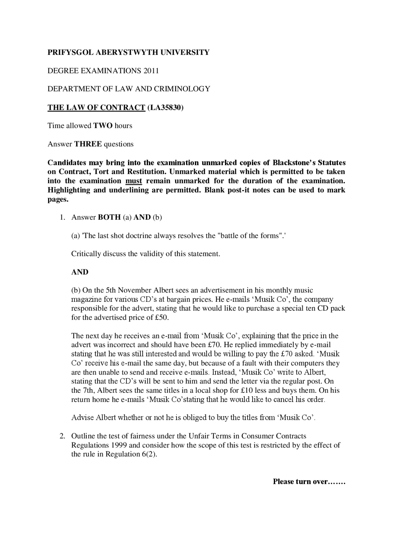 Battle of the Forms - The Law of Contract - Past Exam - Docsity