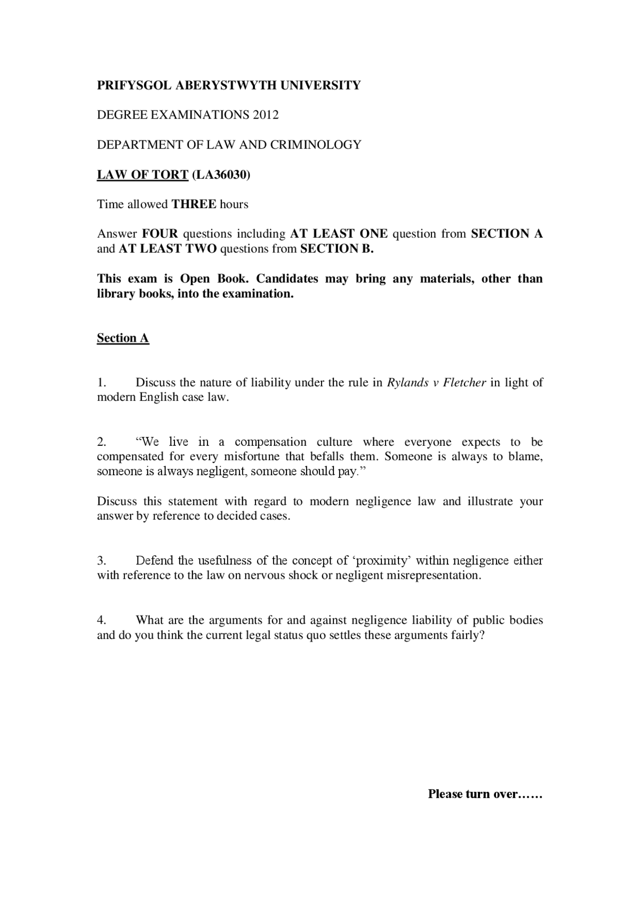Nature of Liability - Law of Tort - Past Exam - Docsity