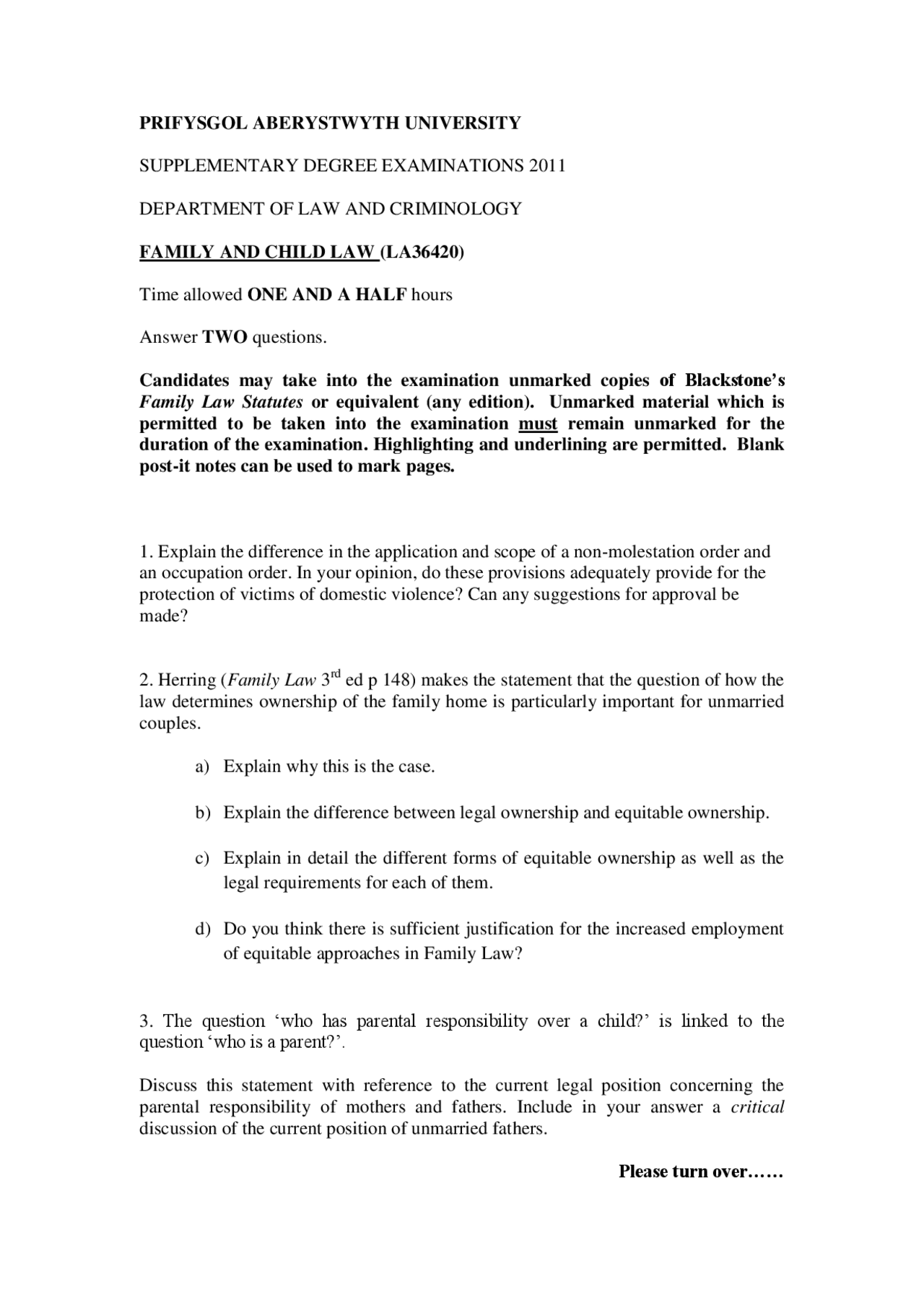 Domestic Violence - Family and Child Law - Past Exam | Exams Family Law ...