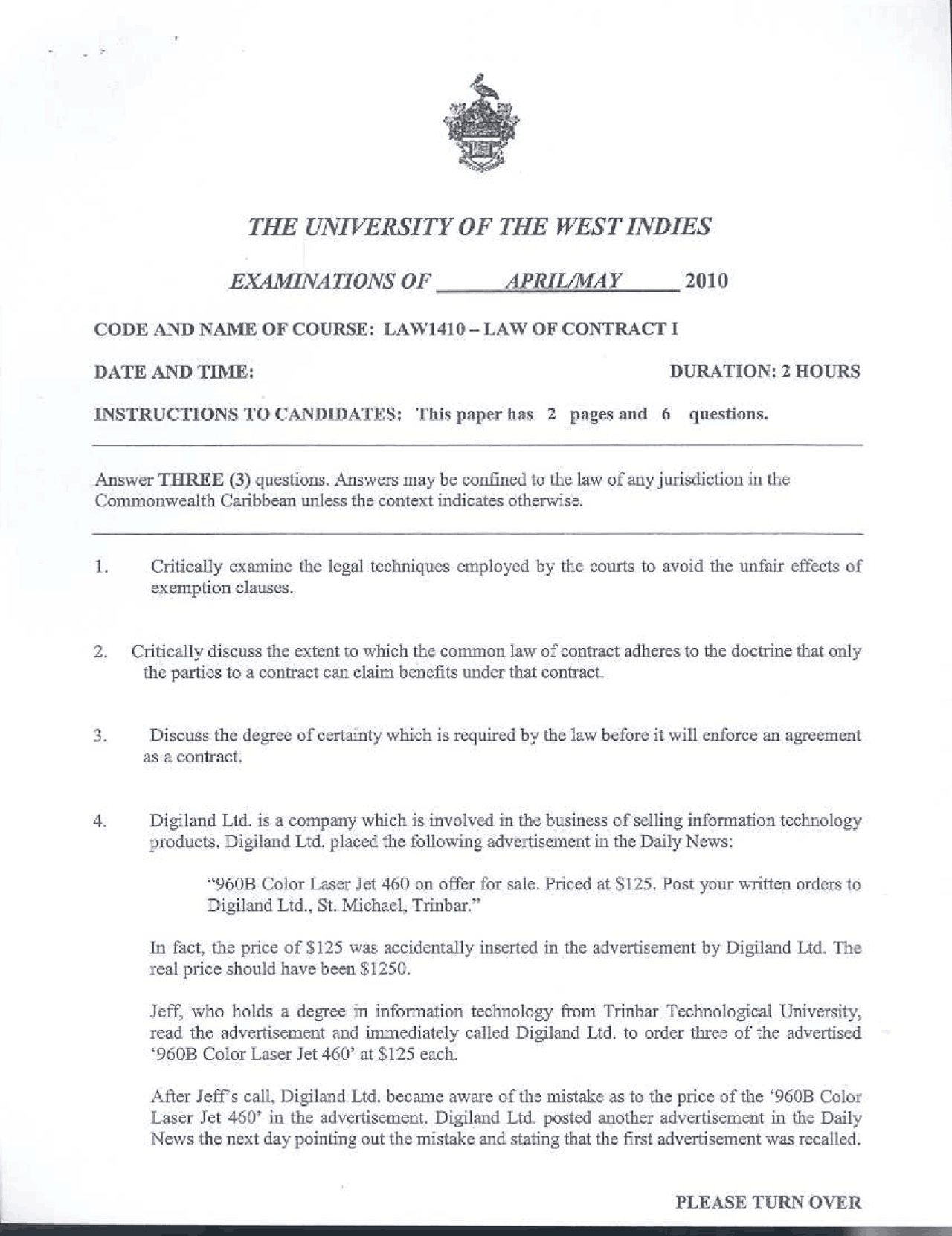 Effects of Exemption Clauses Law of Contract Past Exam Docsity