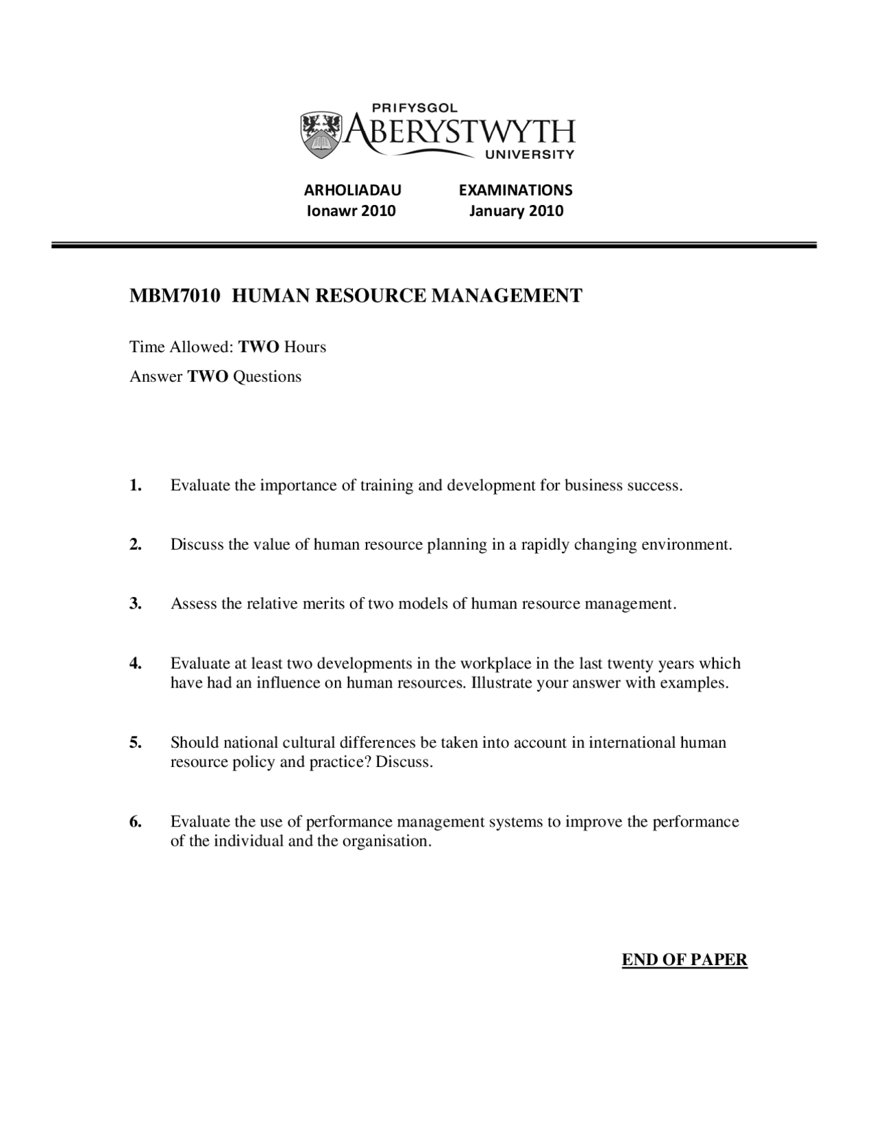 Resource Policy Human Resource Management Past Exam Docsity