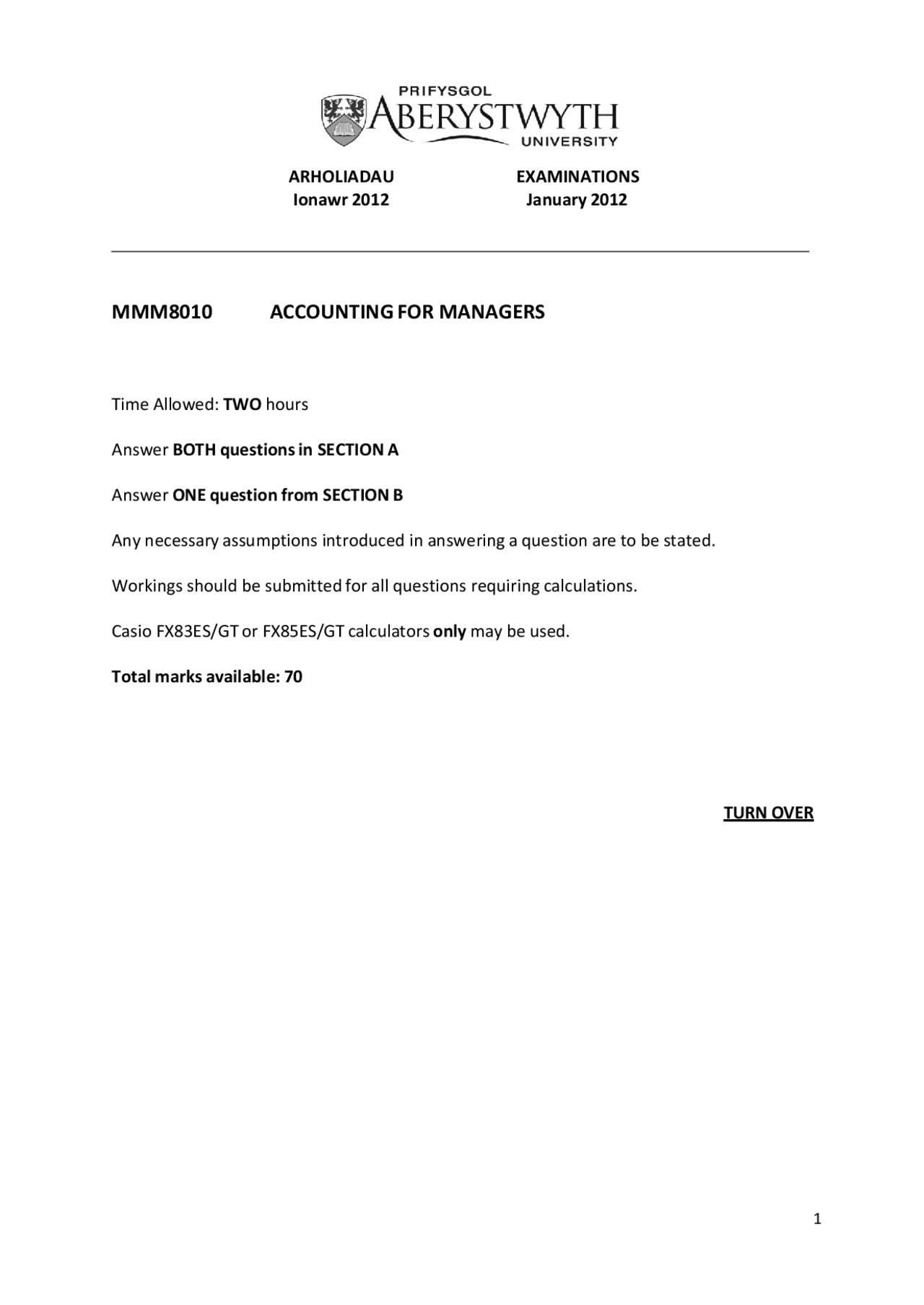 Financial Position Accounting For Managers Past Exam Exams