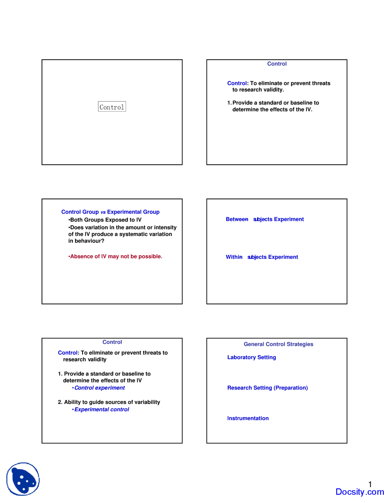 Control - Research Methods - Lecture Slides - Docsity