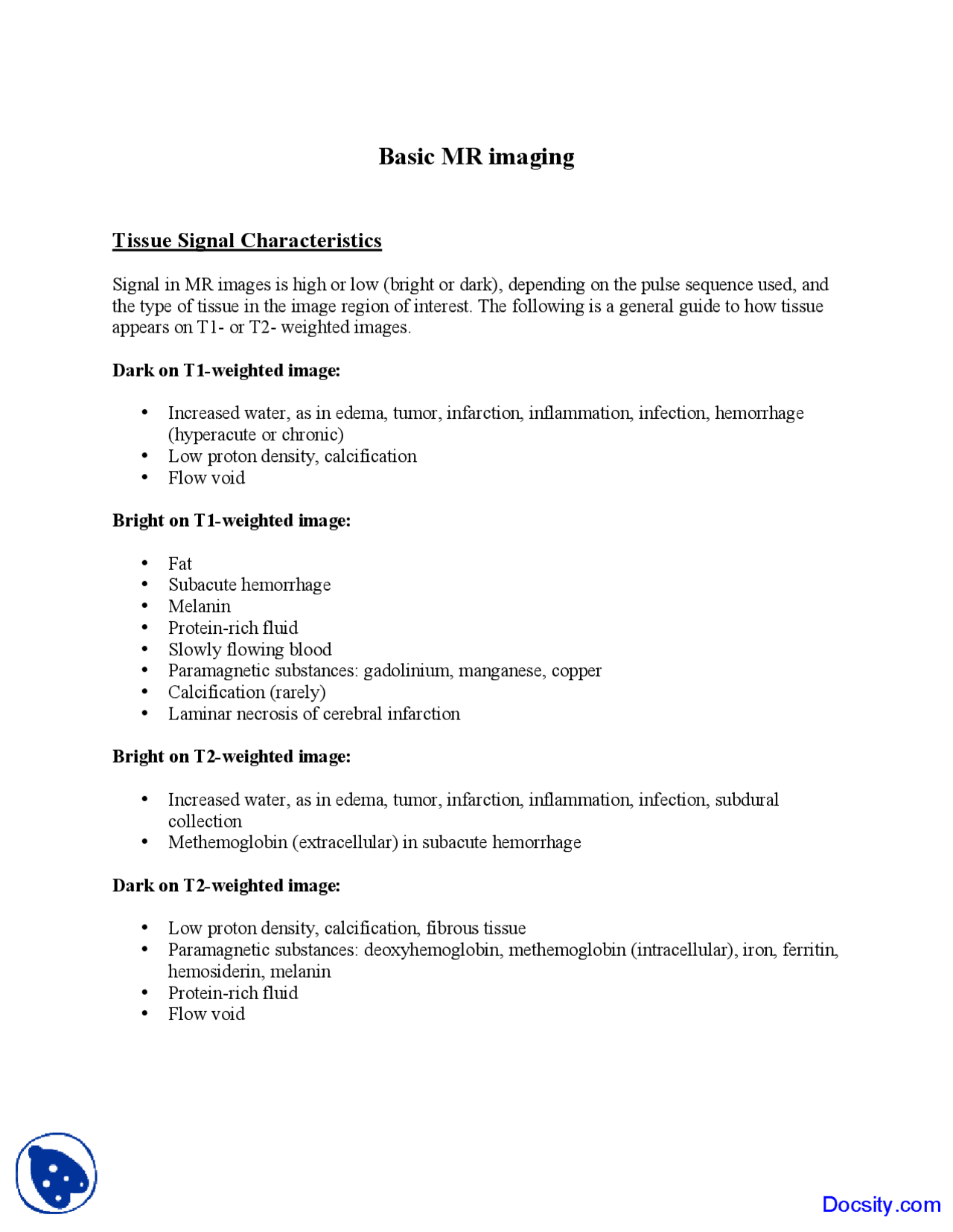 Mri Basic Notes Basic MR Imaging - Introduction to Neurology - Lecture Notes - Docsity