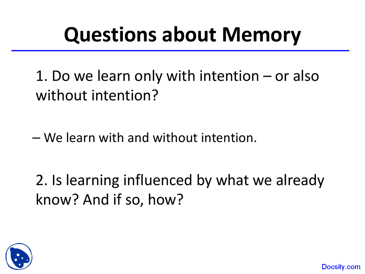 Questions about Memory - Method and Theory in Cognition - Lecture ...