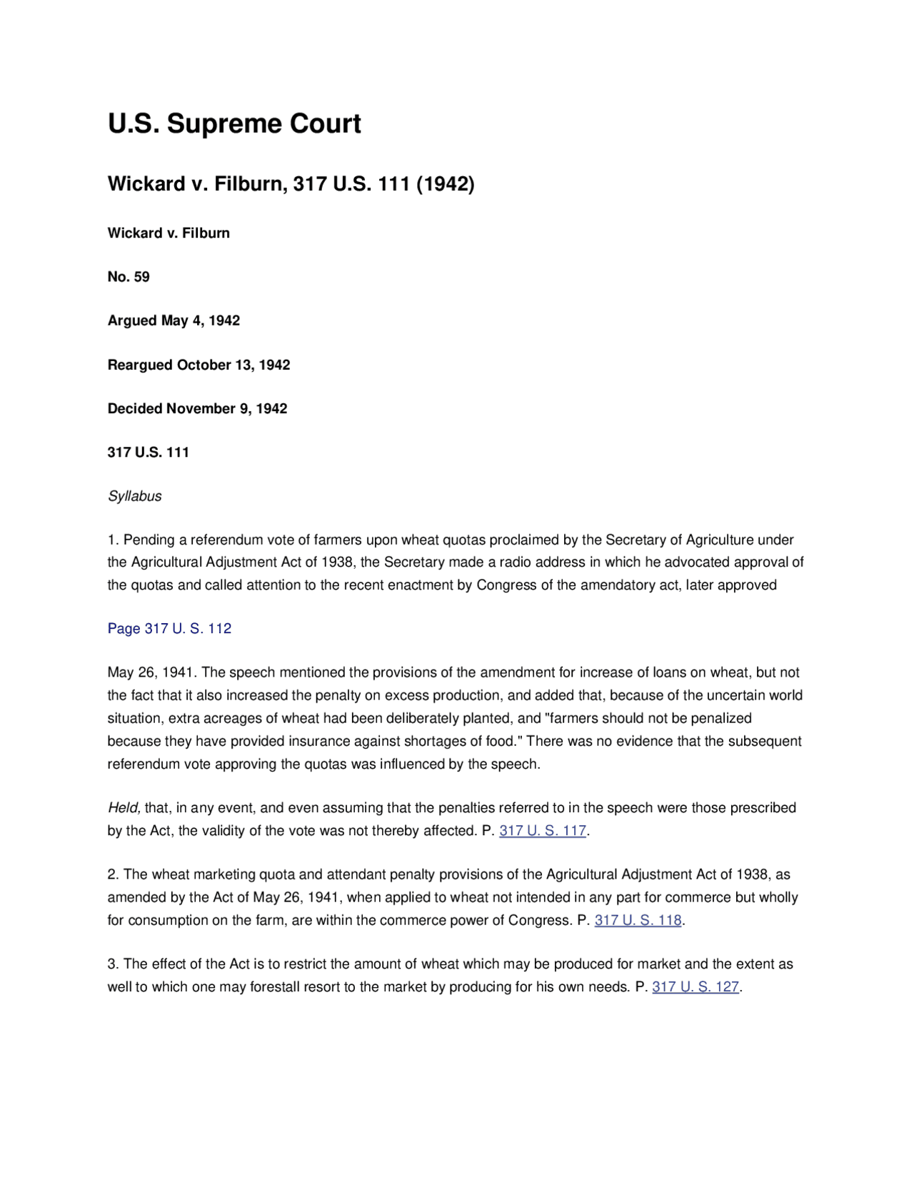 Wickard vs Filburn Law Case Study Docsity