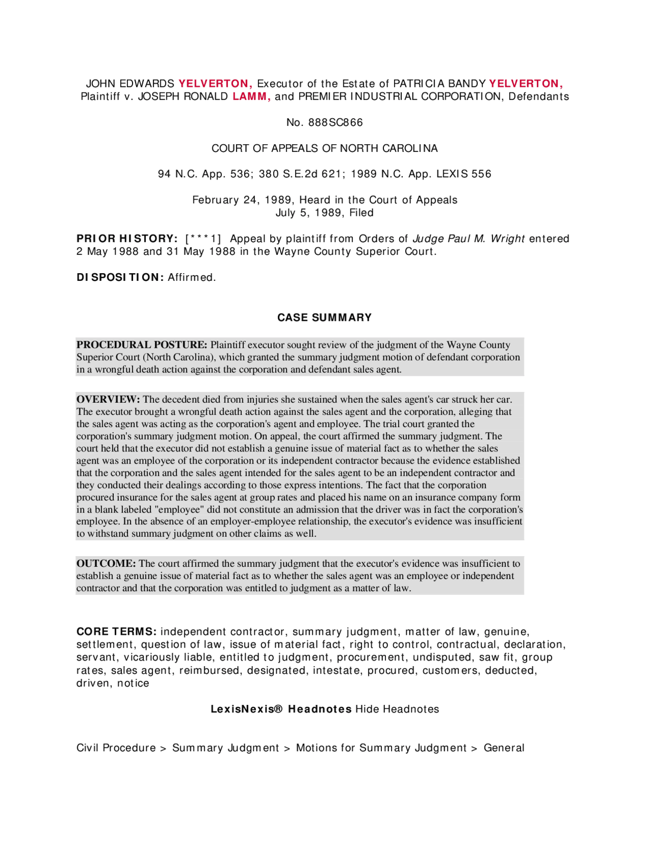 Yelverton v Lamm Law Case Study Docsity