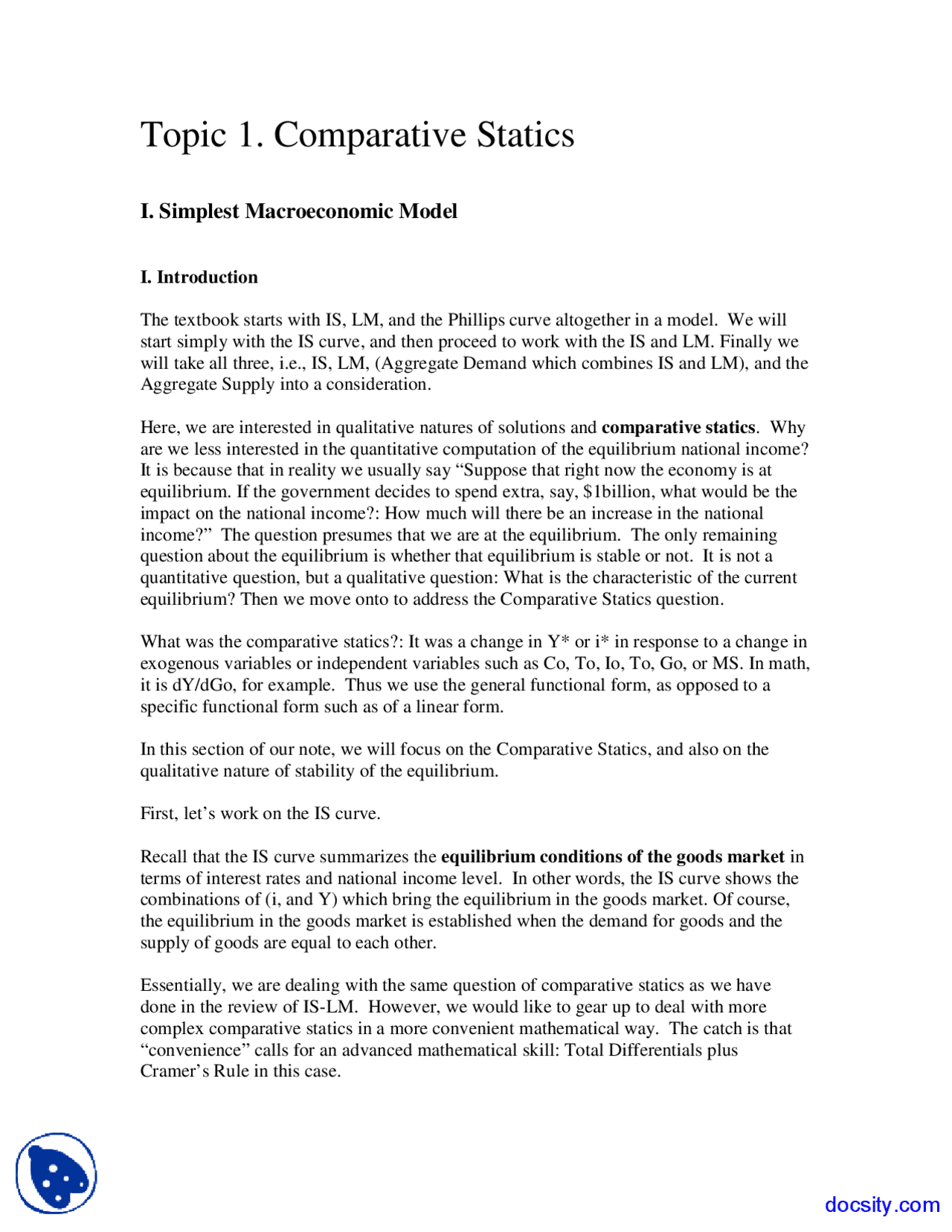 Comparative Statics - Advanced Macroeconomics - Lecture Notes - Docsity