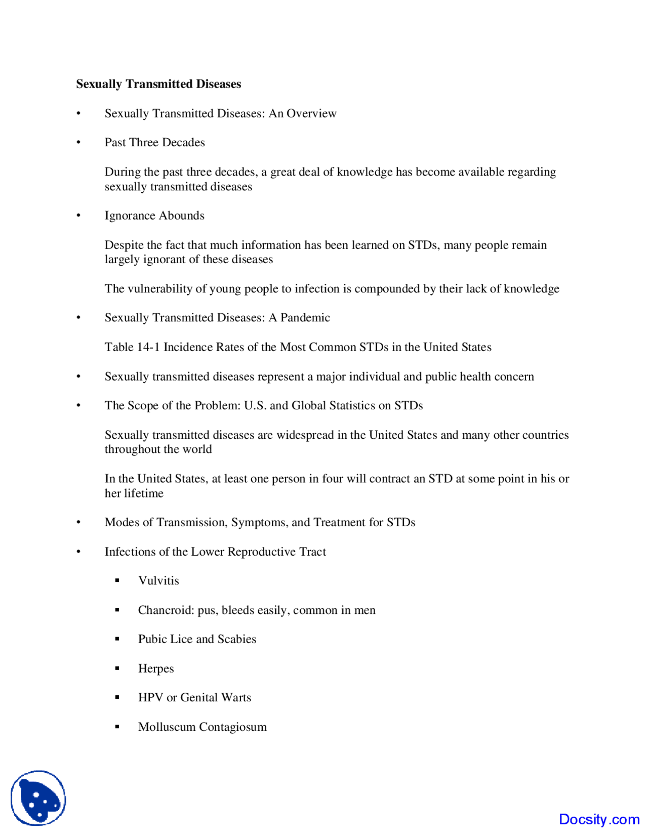 Sexually Transmitted Diseases - Psychiatry of Sex - Handouts - Docsity