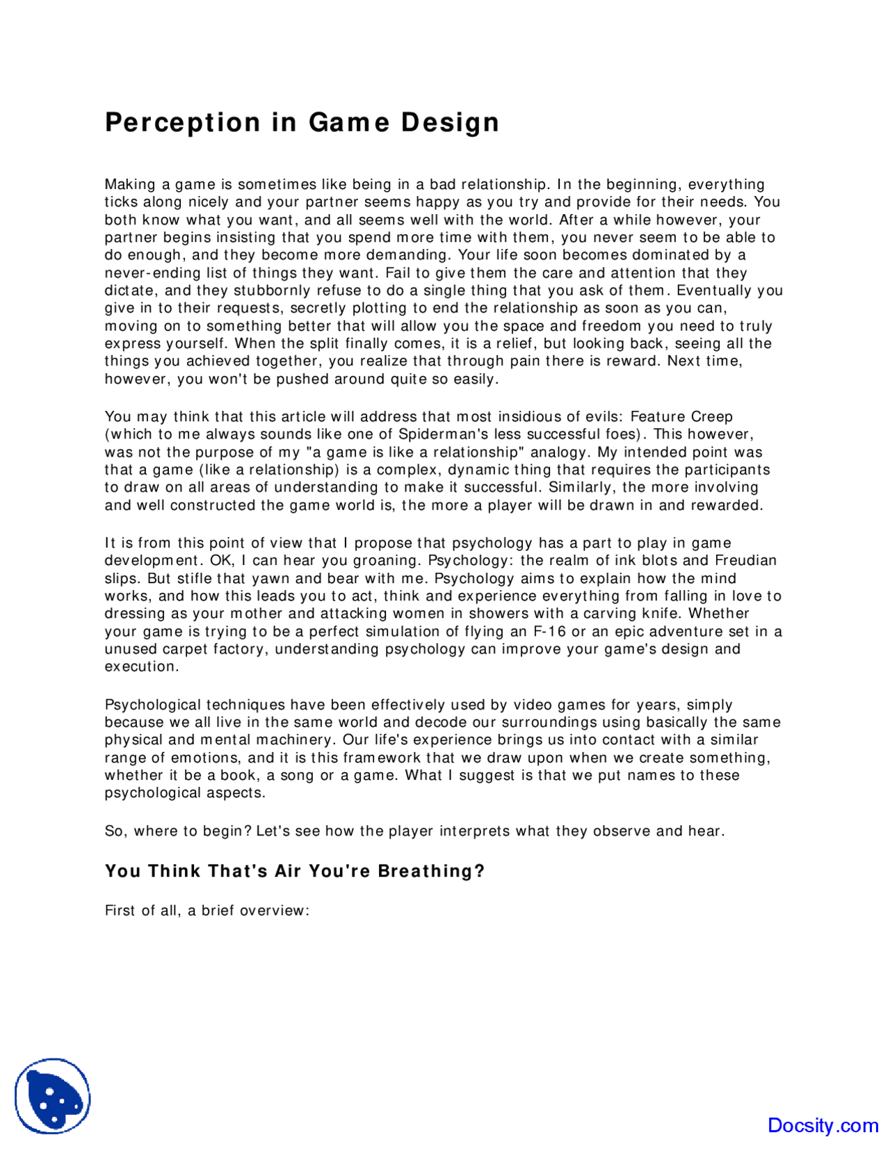 Perception in Game Design - Psychology of Games - Lecture Notes - Docsity