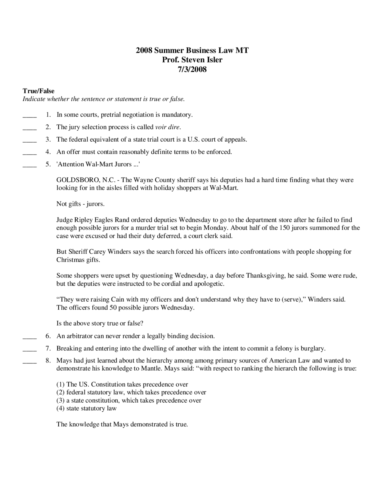 Pretrial Negotiation - Introduction of Business Law - Past Exam - Docsity