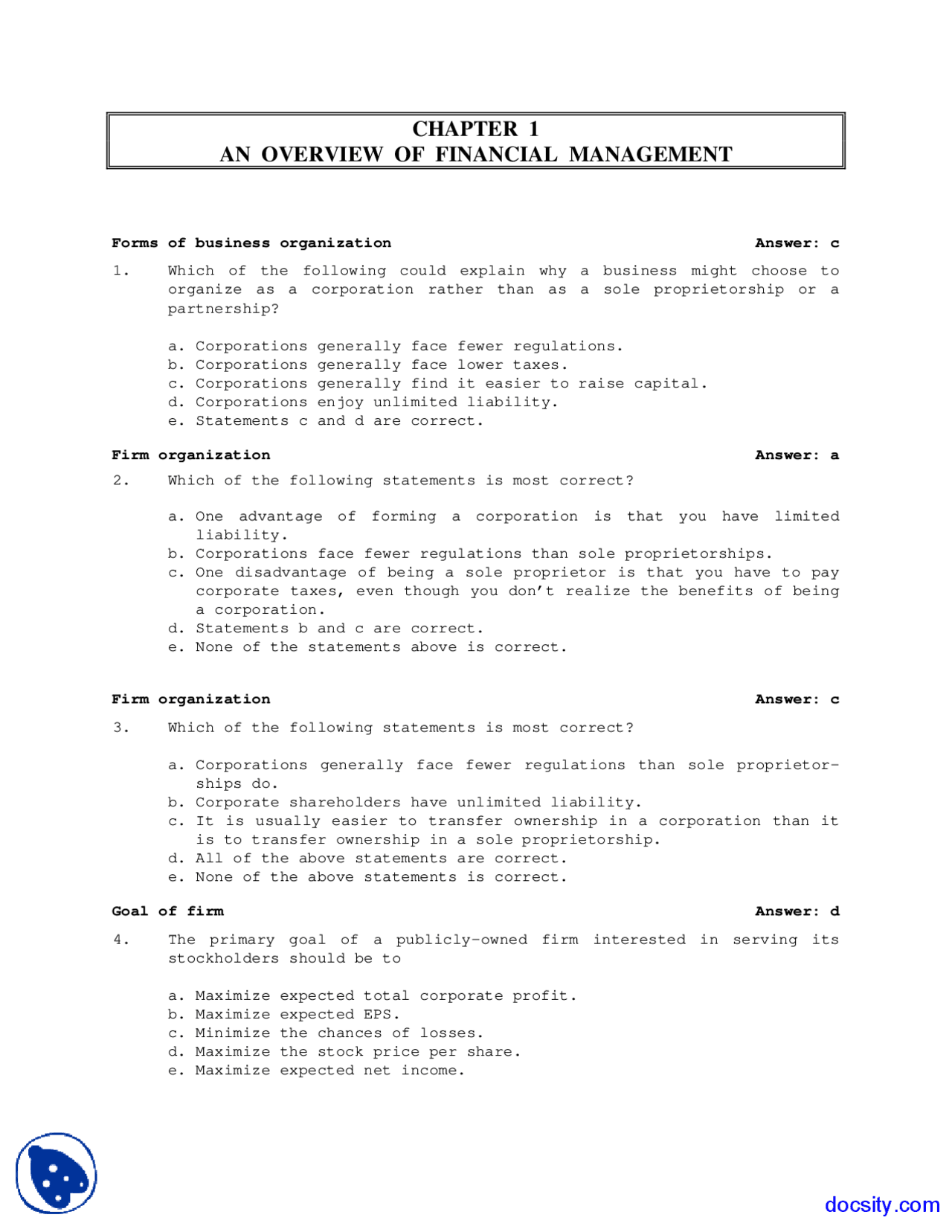 Business Organization - Business Finance - Solved Exam - Docsity