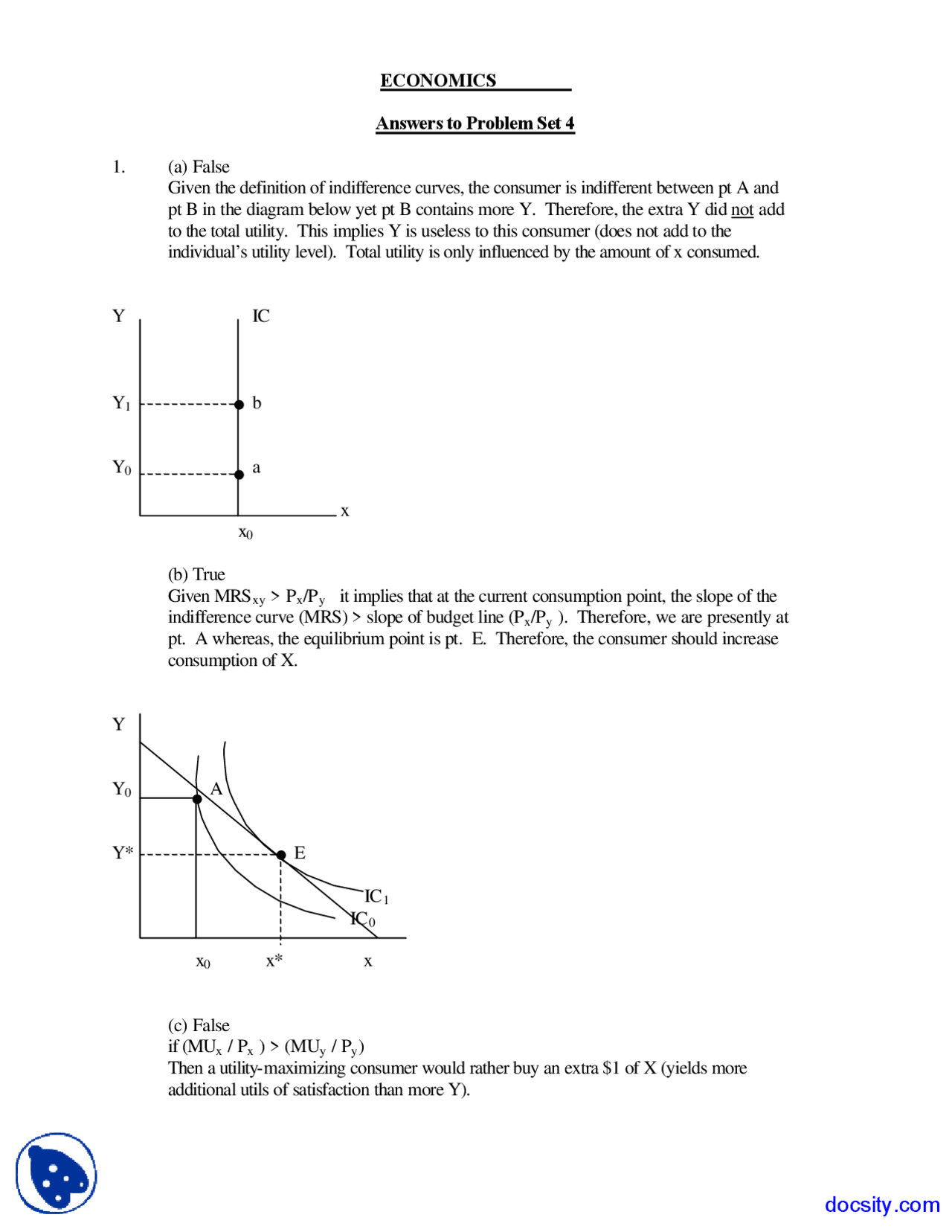 Indifference Curves - Introductory Economics - Problems Answers - Docsity