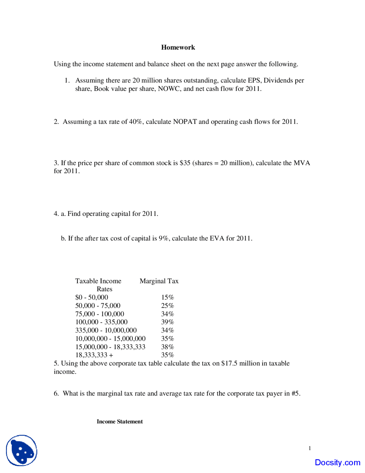 Income Statement - Financial Management - Homework - Docsity