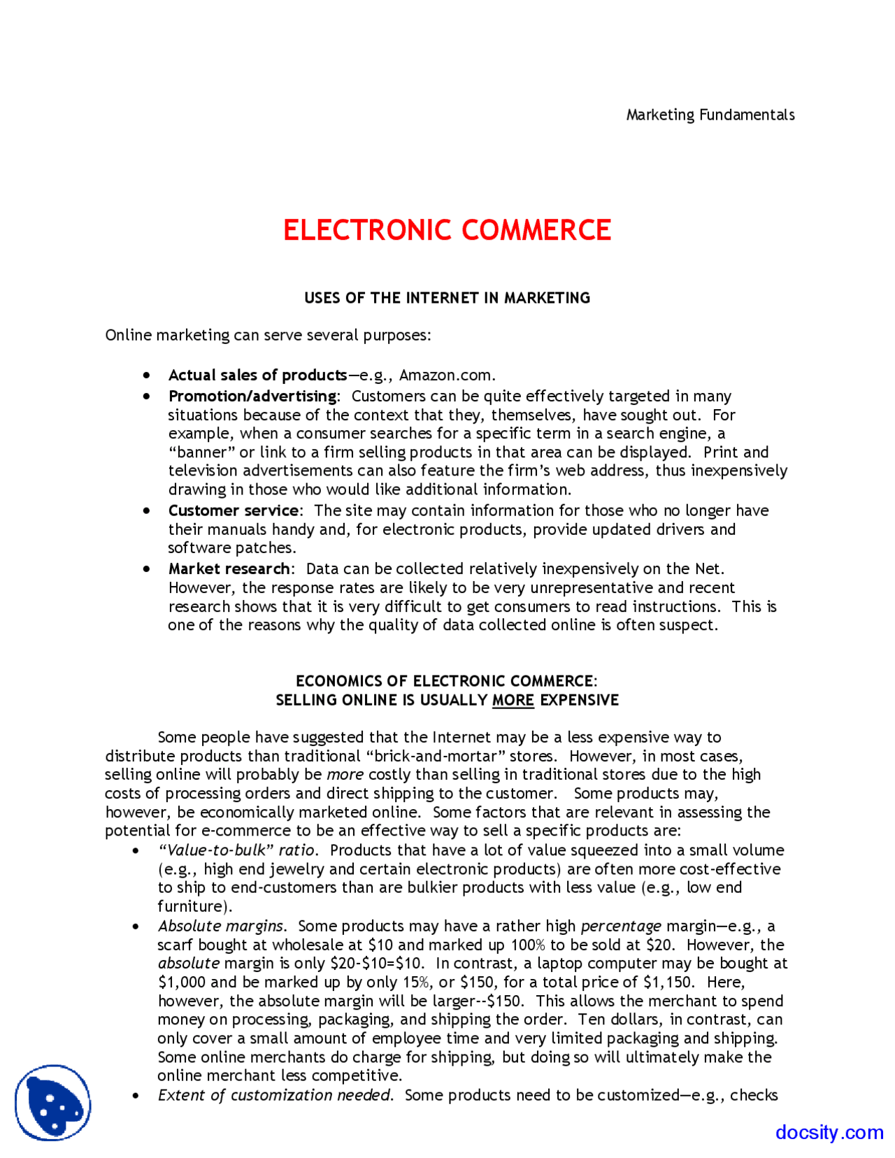 Commerce Lecture Notes E Commerce - Basic Marketing - Lecture Notes - Docsity