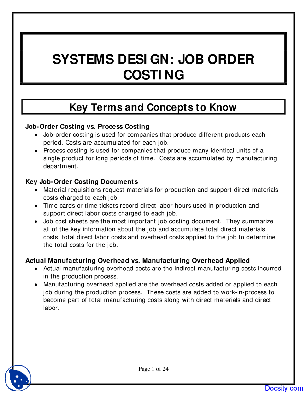 Job Order Costing - System Designs in Accounting - Lecture Notes - Docsity