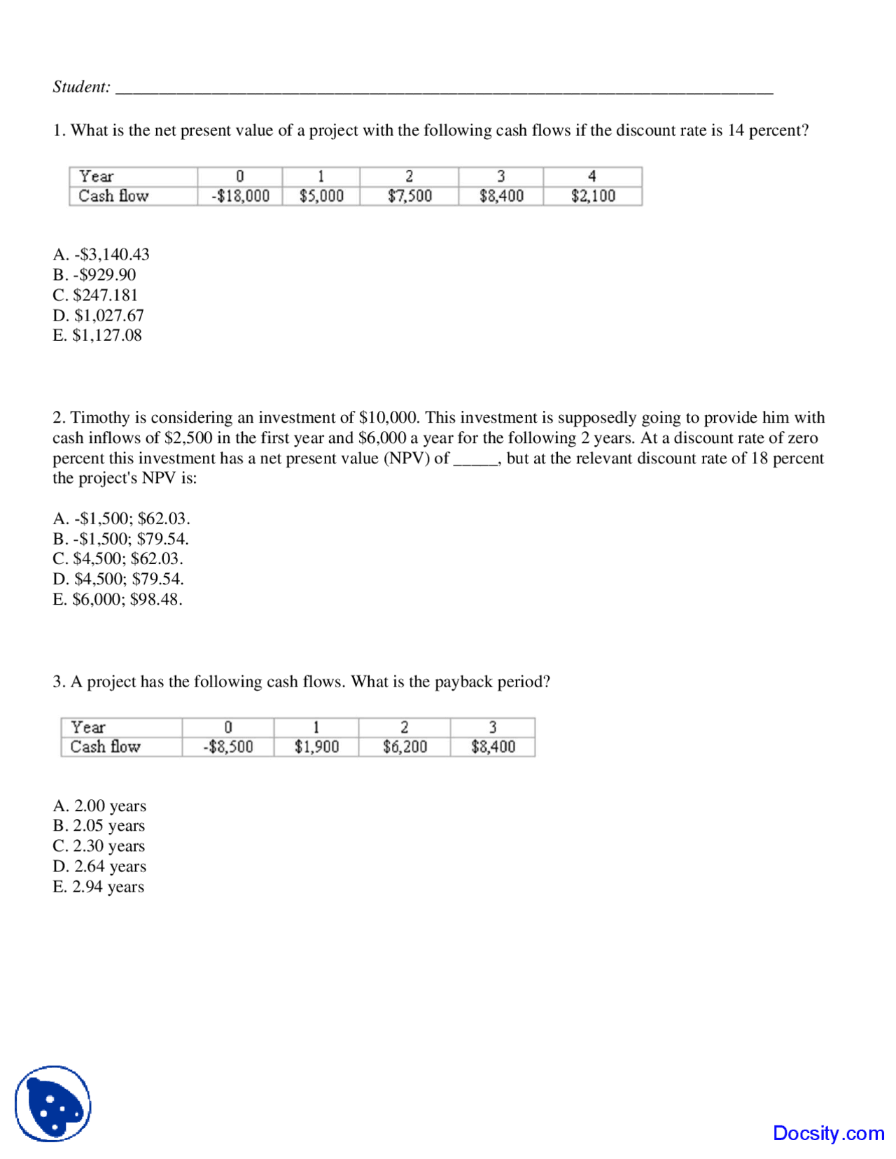 Net Present Value - Finance and Economics - Quiz - Docsity