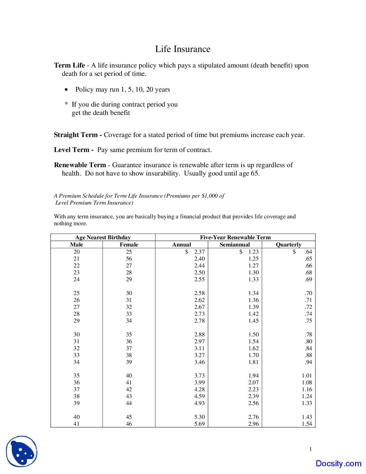 Life Insurance - Finance and Economics - Lecture Notes - Docsity