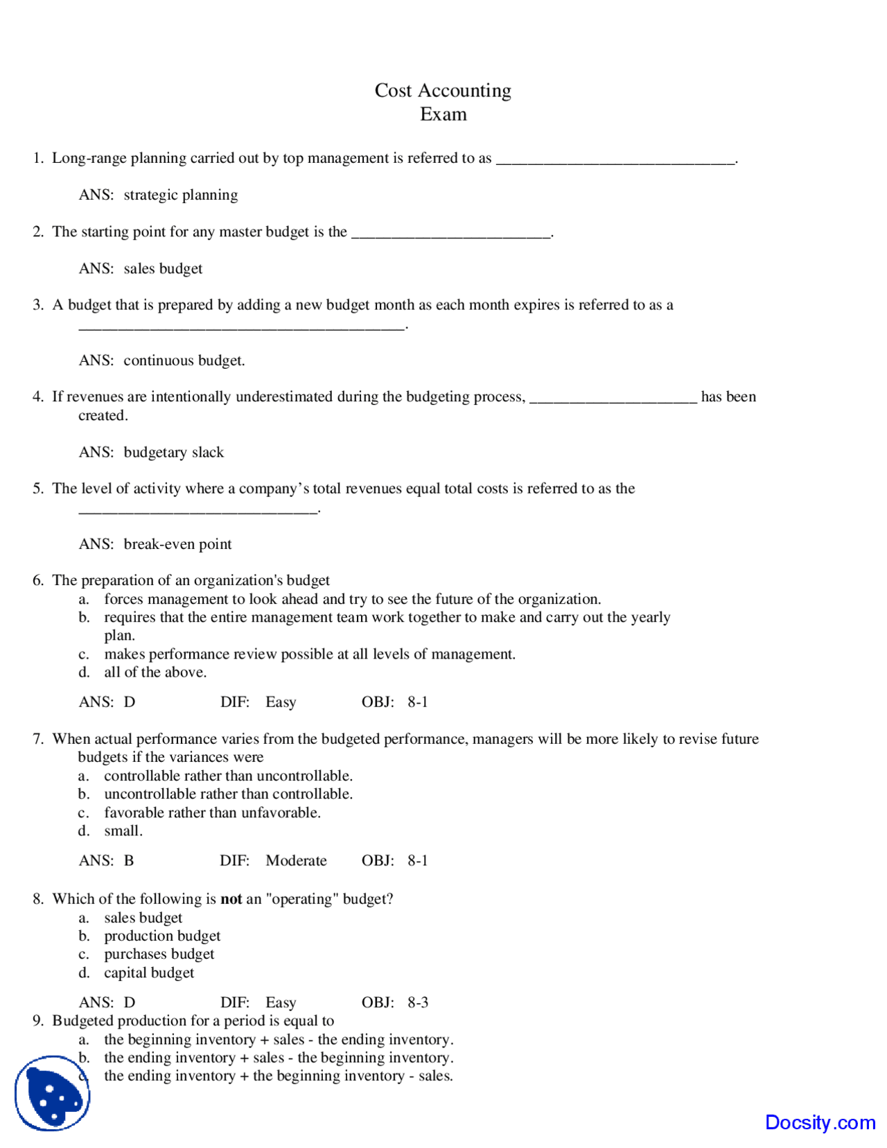 Strategic Planning - Cost Accounting - Solved Exam | Exams Cost ...
