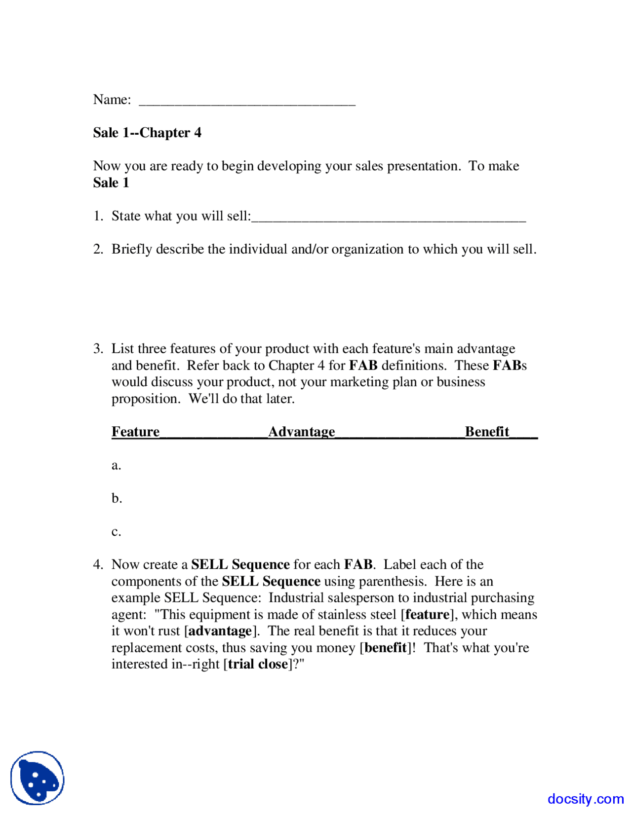 Sales Presentation - Fundamentals of Selling - Assignments - Docsity