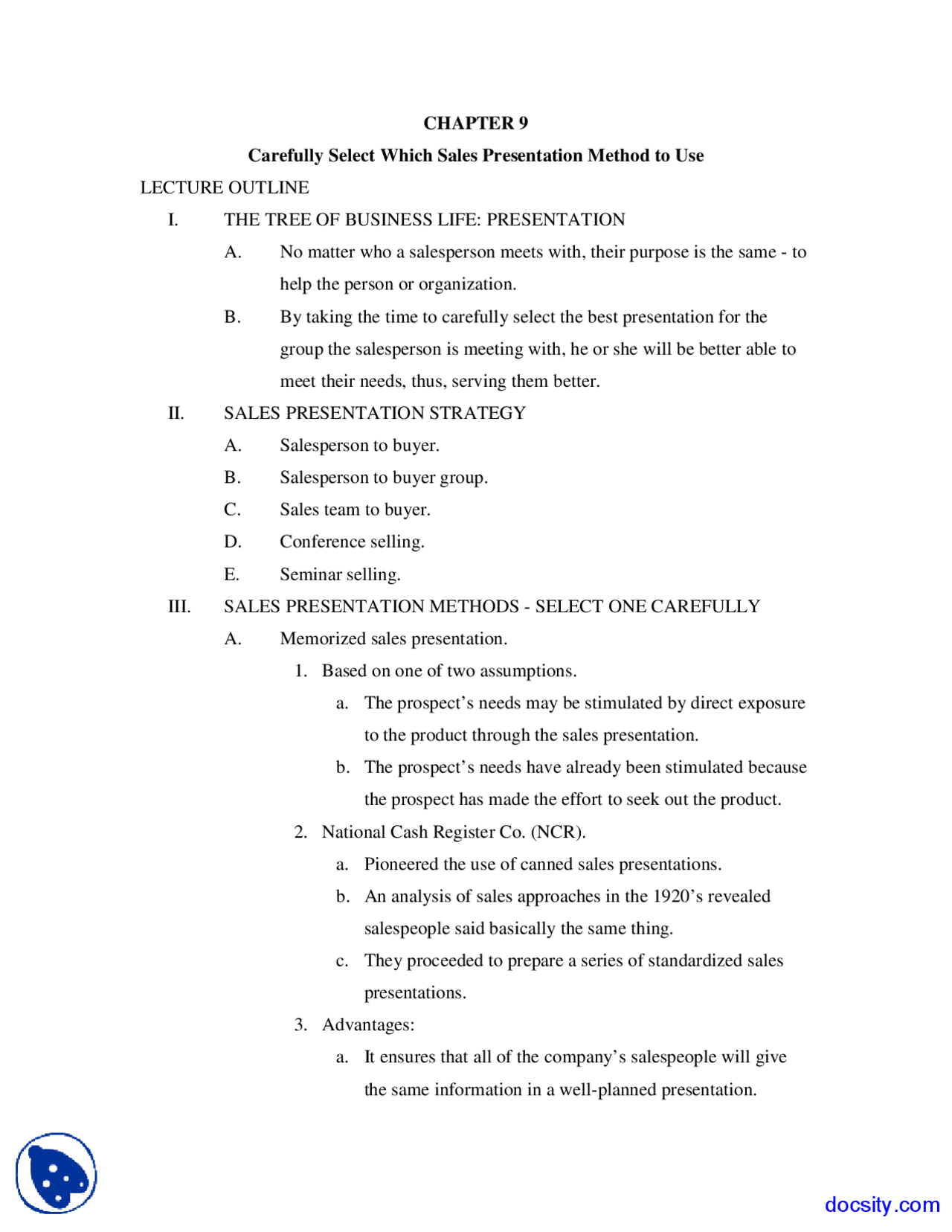 Selling Module Notes Sales Presentation - Fundamentals of Selling - Lecture Notes - Docsity