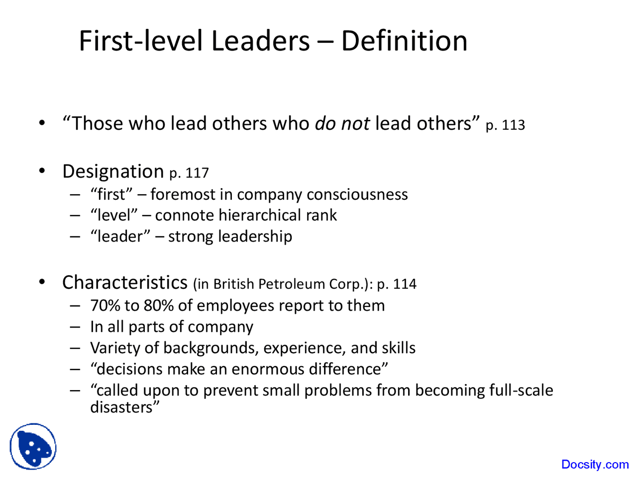 First Level Leaders - Governance and Leadership - Lecture Slides - Docsity