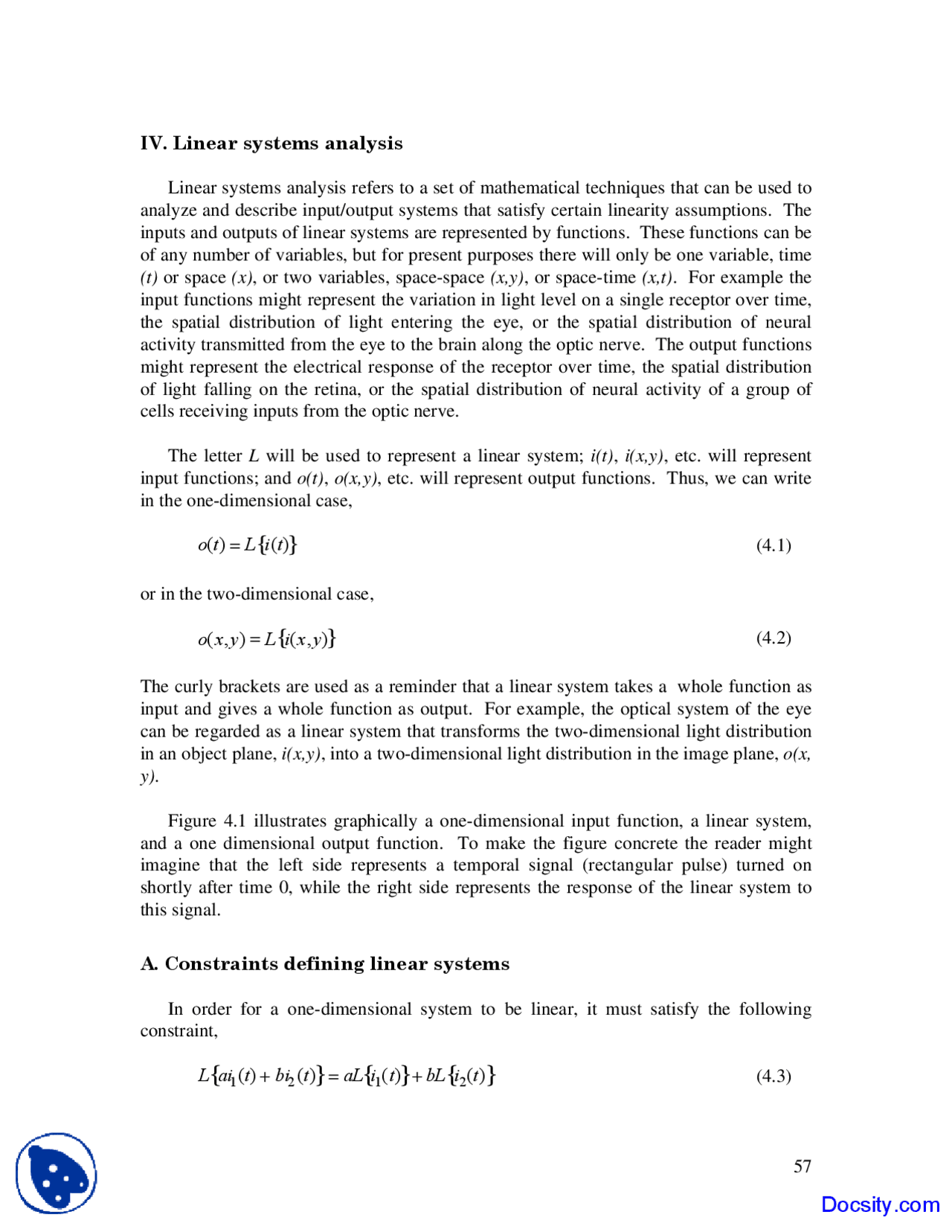 Linear Systems Analysis - Vision Systems - Lecture Notes - Docsity