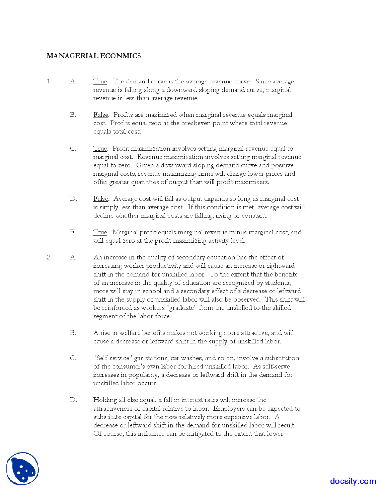 Demand Curve - Managerial Economics - Solved Exams - Docsity