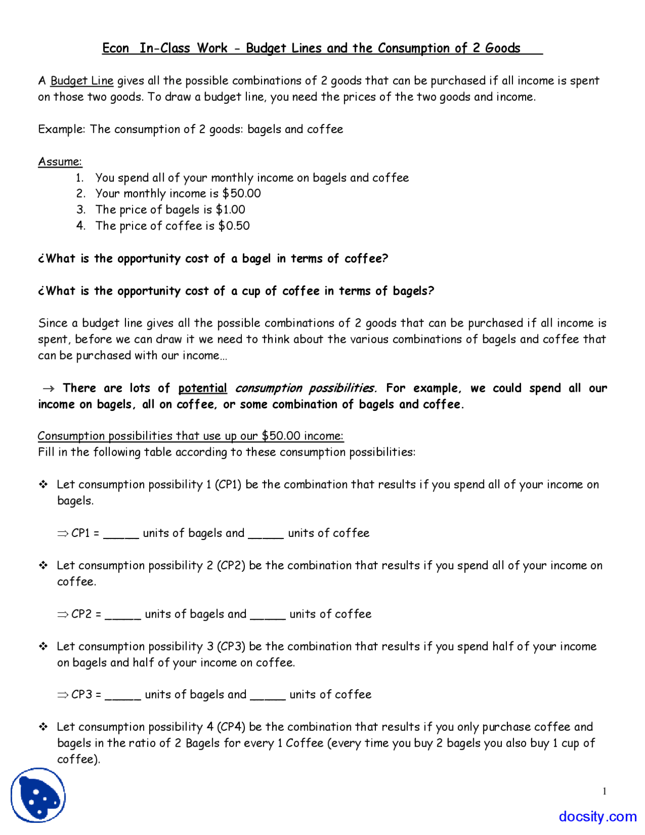 Budget Line - Principles of Microeconomics - Lecture Notes - Docsity