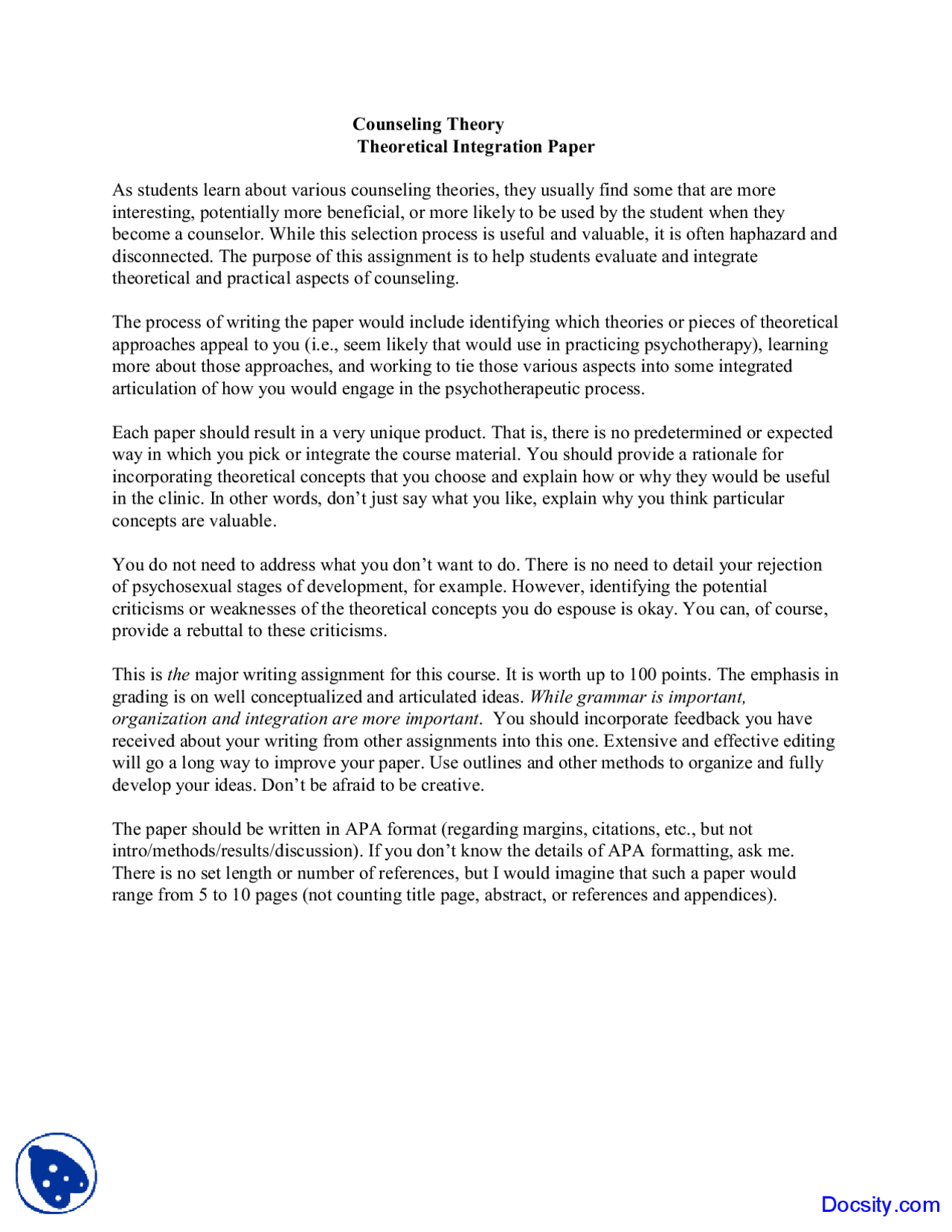 Theoretical Integration Paper - Counseling Theory - Lecture Notes | Study notes Psychotherapy ...