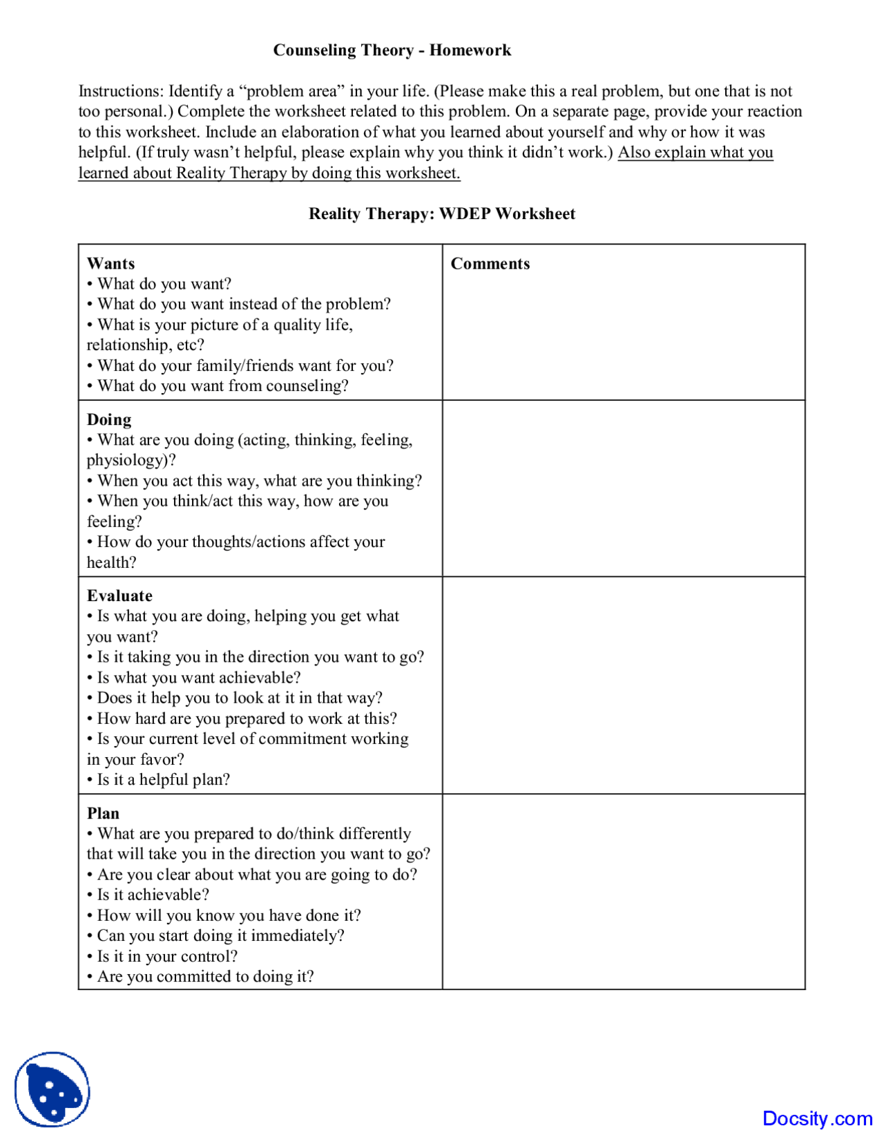 Reality Therapy - Counseling Theory - Homework - Docsity