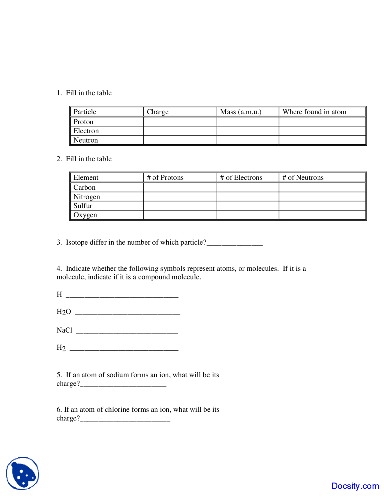 Compound Molecule - General Biology - Quiz - Docsity