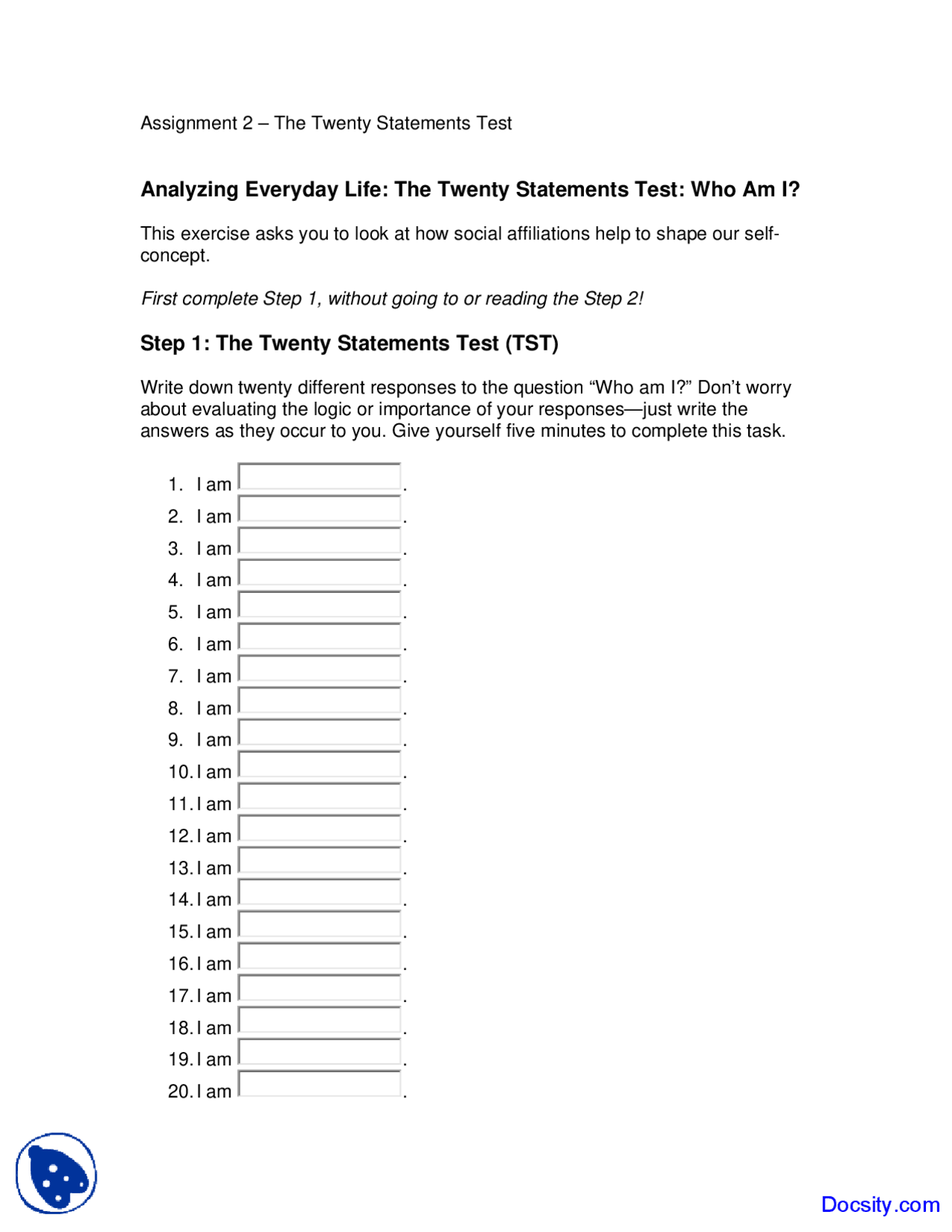 Statement Testing Examples Twenty Statements Test - Basics of Sociology - Assingment - Docsity