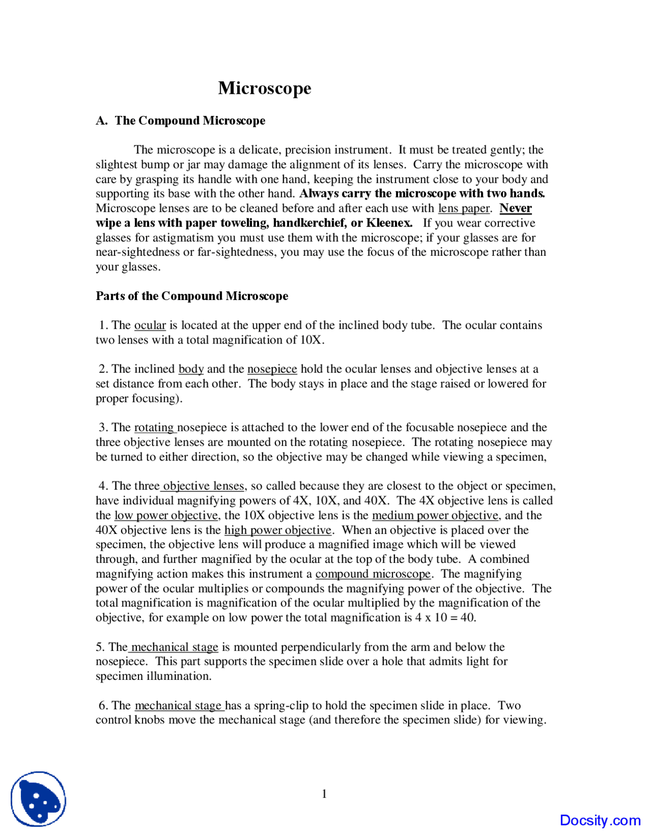 Note On Compound Microscope Compound Microscope - General Biology - Lecture Notes - Docsity