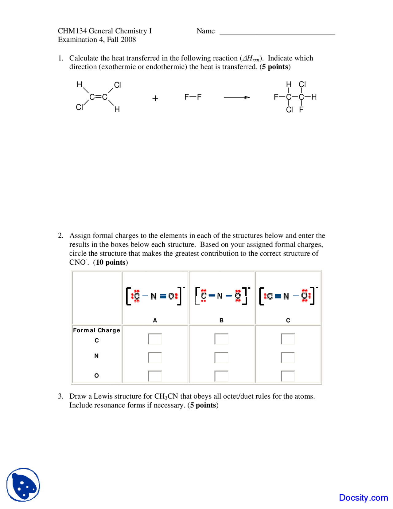 Lewis Structure General Chemistry Quiz Docsity