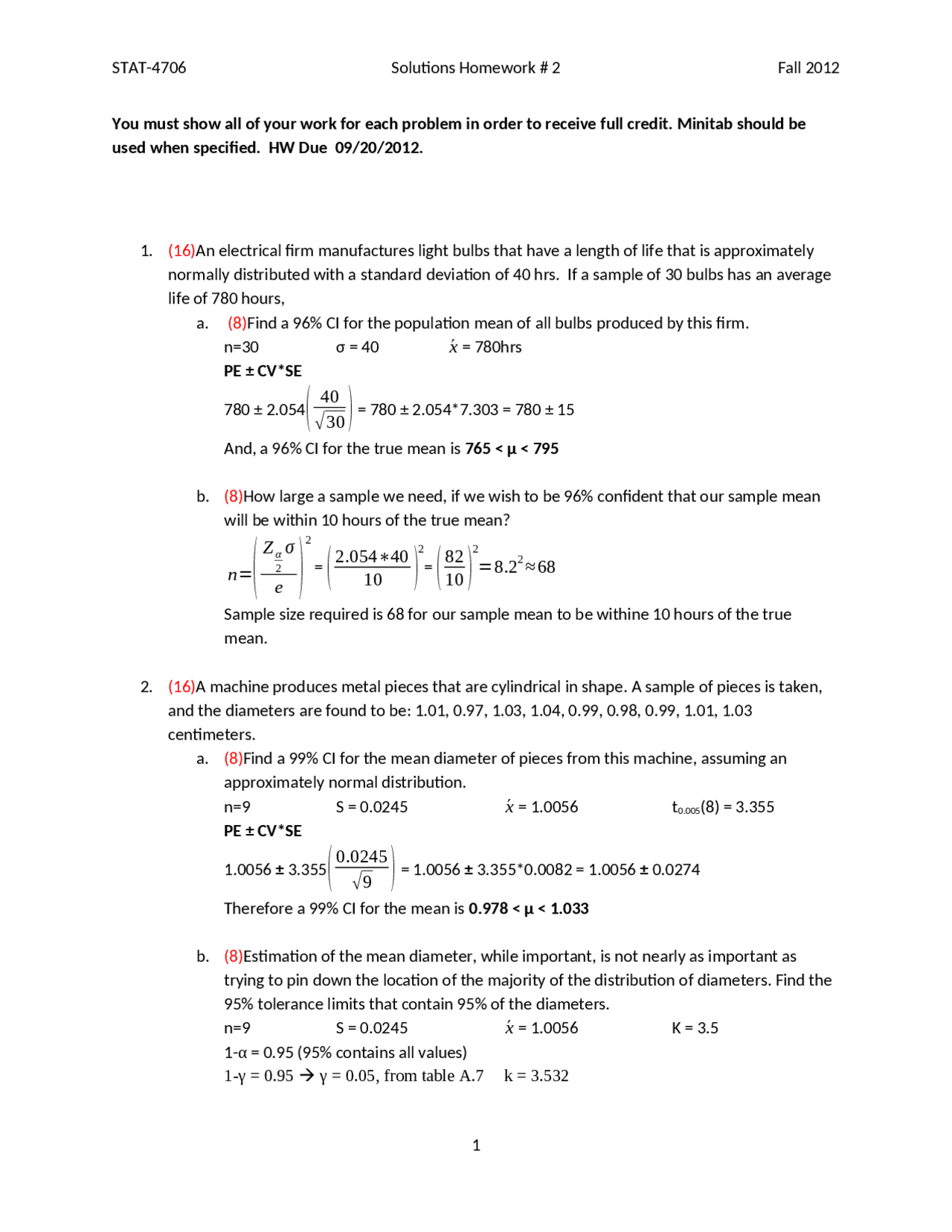 Solution Homework 2 - Statistics for Engineering | STAT 4706 - Docsity
